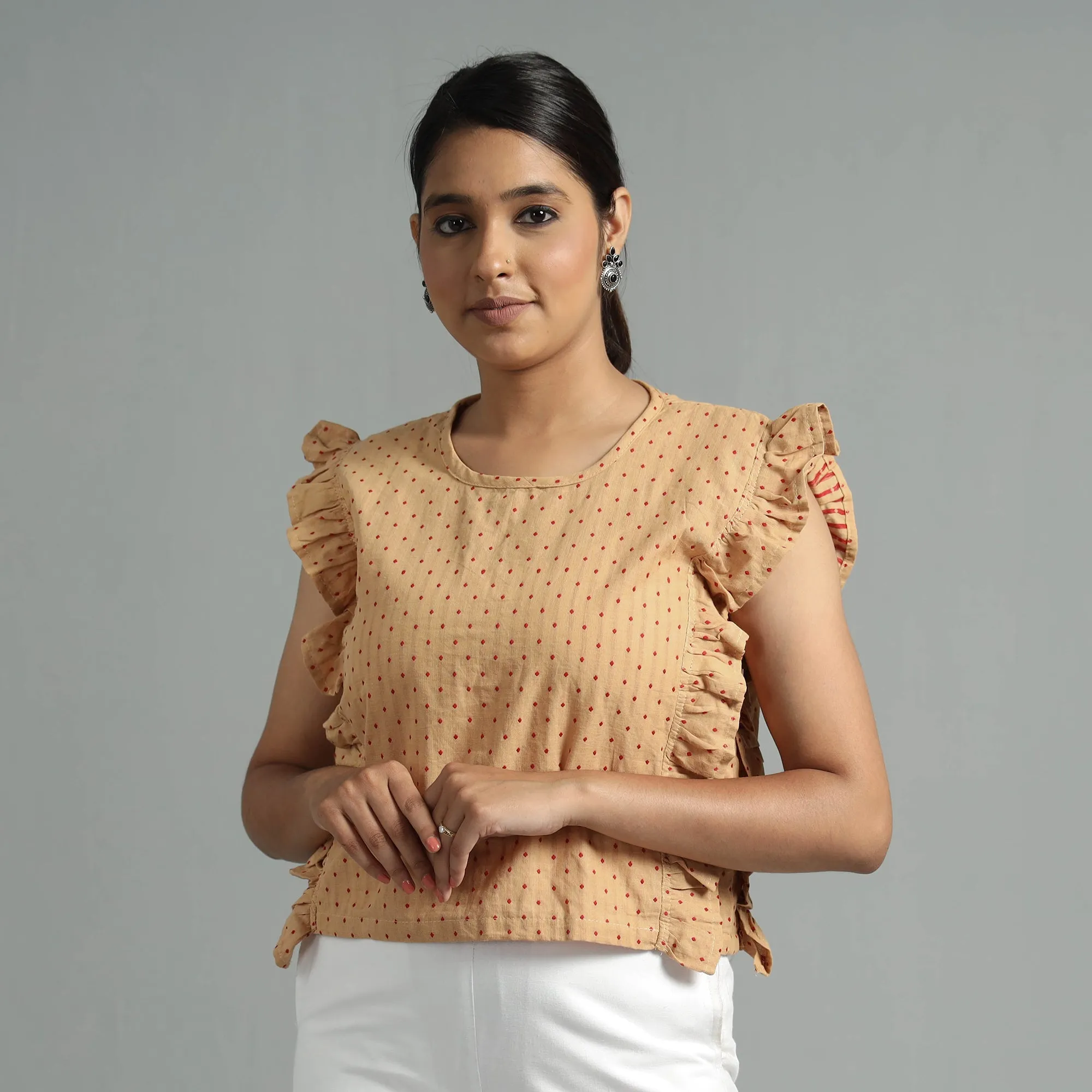 Beige - Jacquard Sleeveless Cotton Crop Top