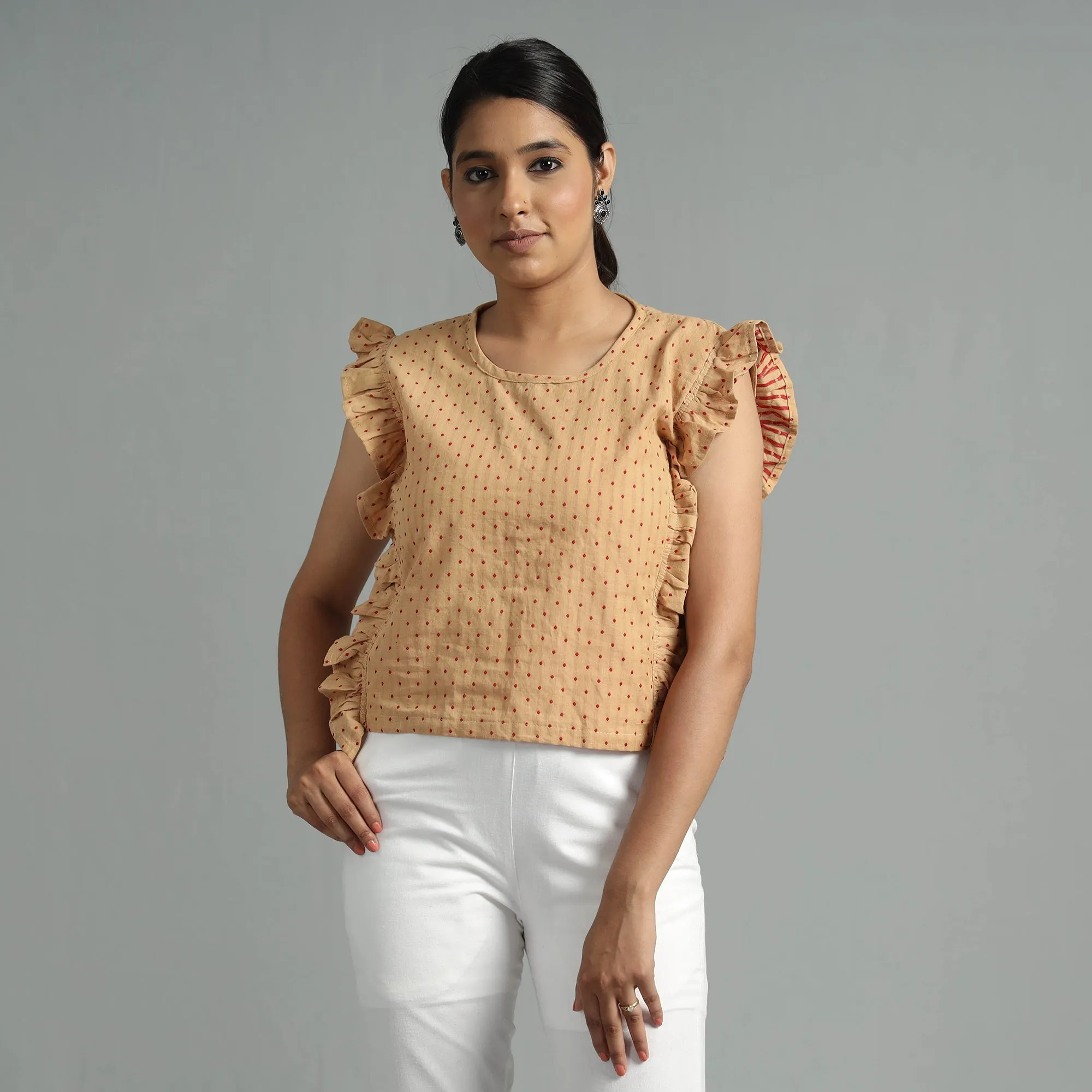 Beige - Jacquard Sleeveless Cotton Crop Top