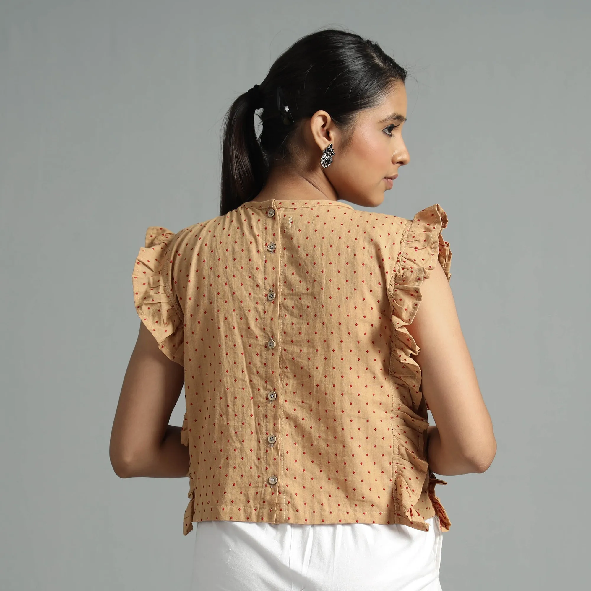 Beige - Jacquard Sleeveless Cotton Crop Top