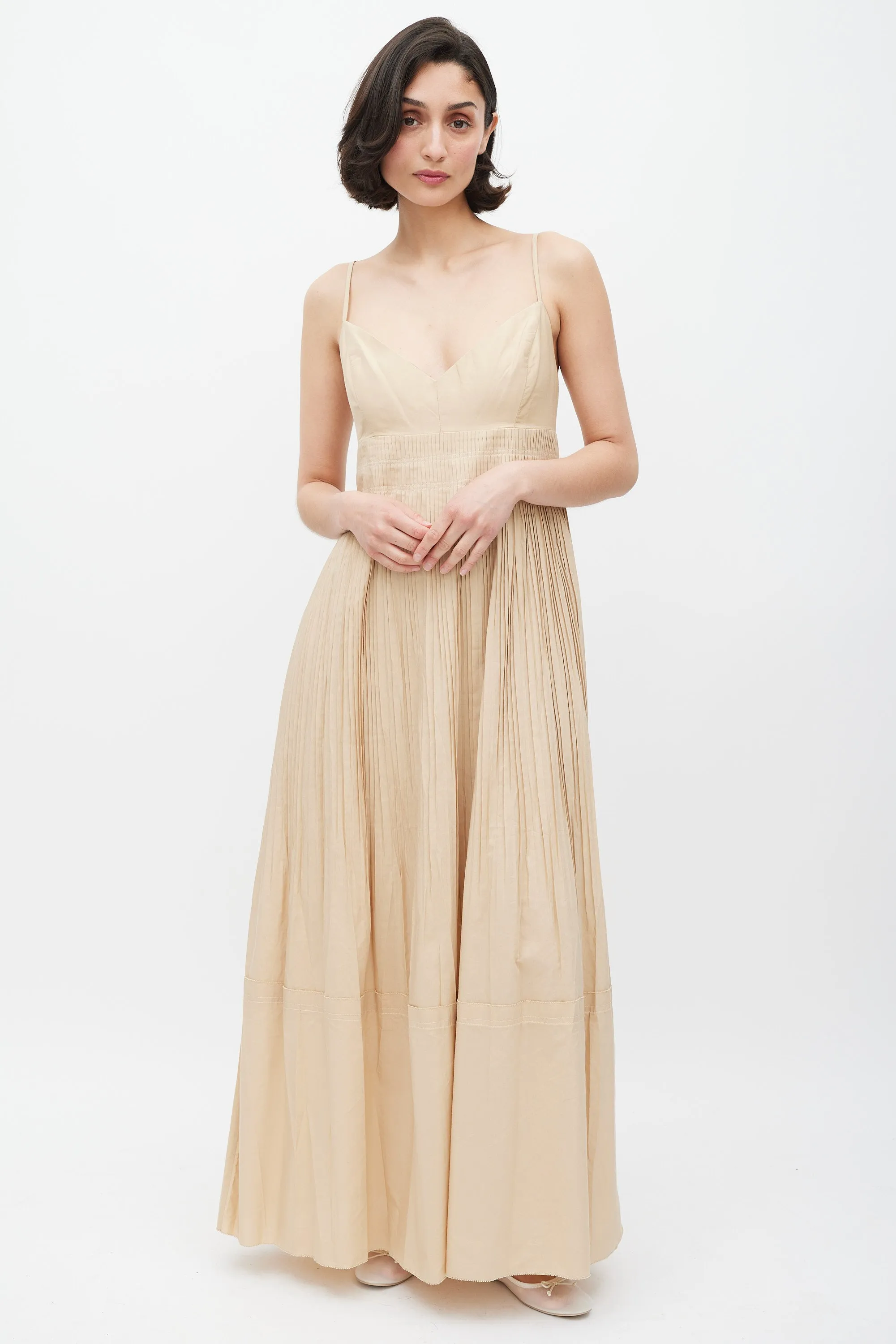 Beige Pleated Tiered Dress