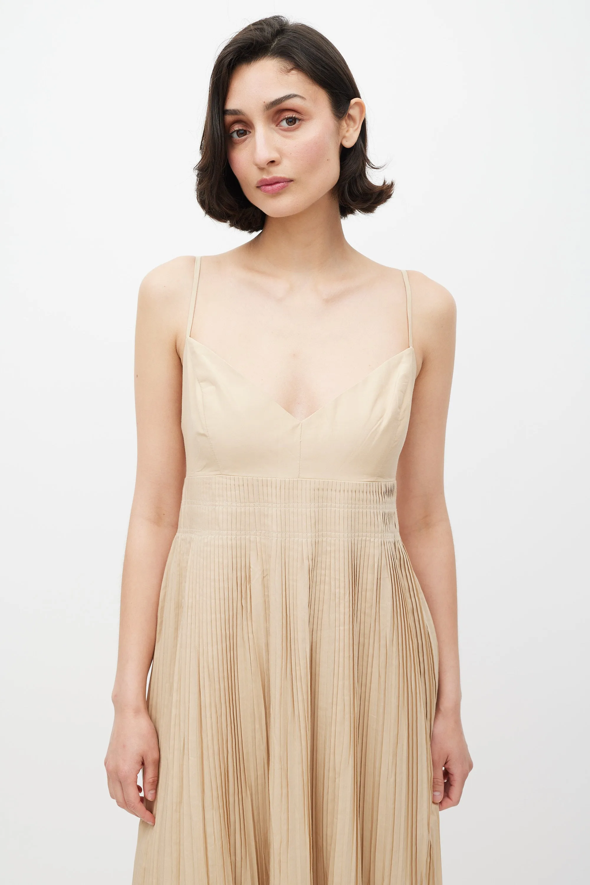 Beige Pleated Tiered Dress