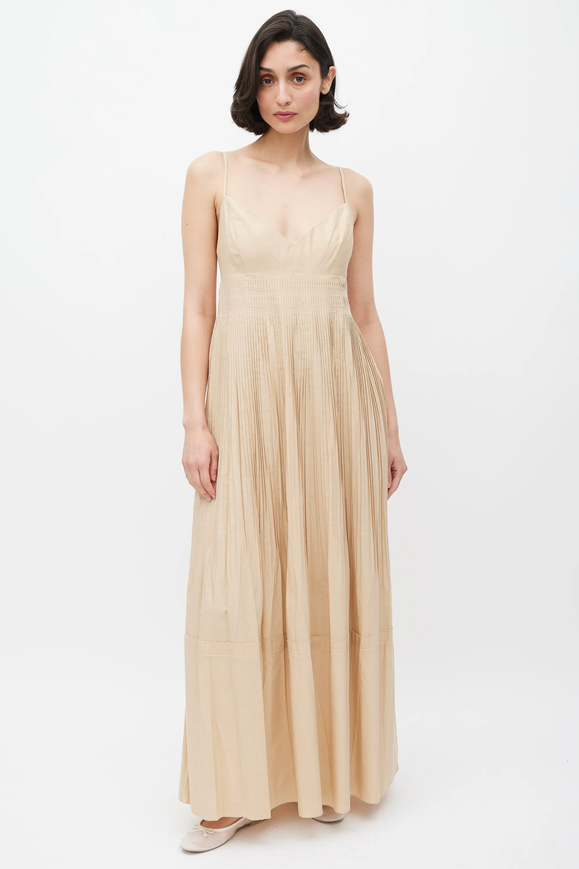 Beige Pleated Tiered Dress