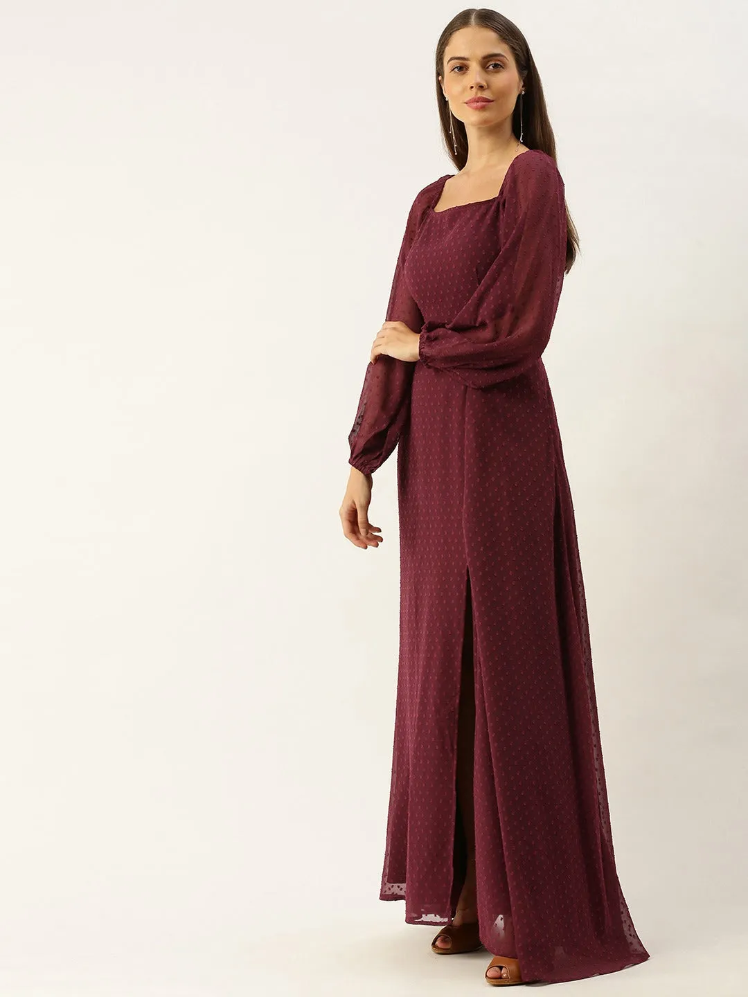 Berrylush Women Maroon Square Neck Dotted Maxi Dress