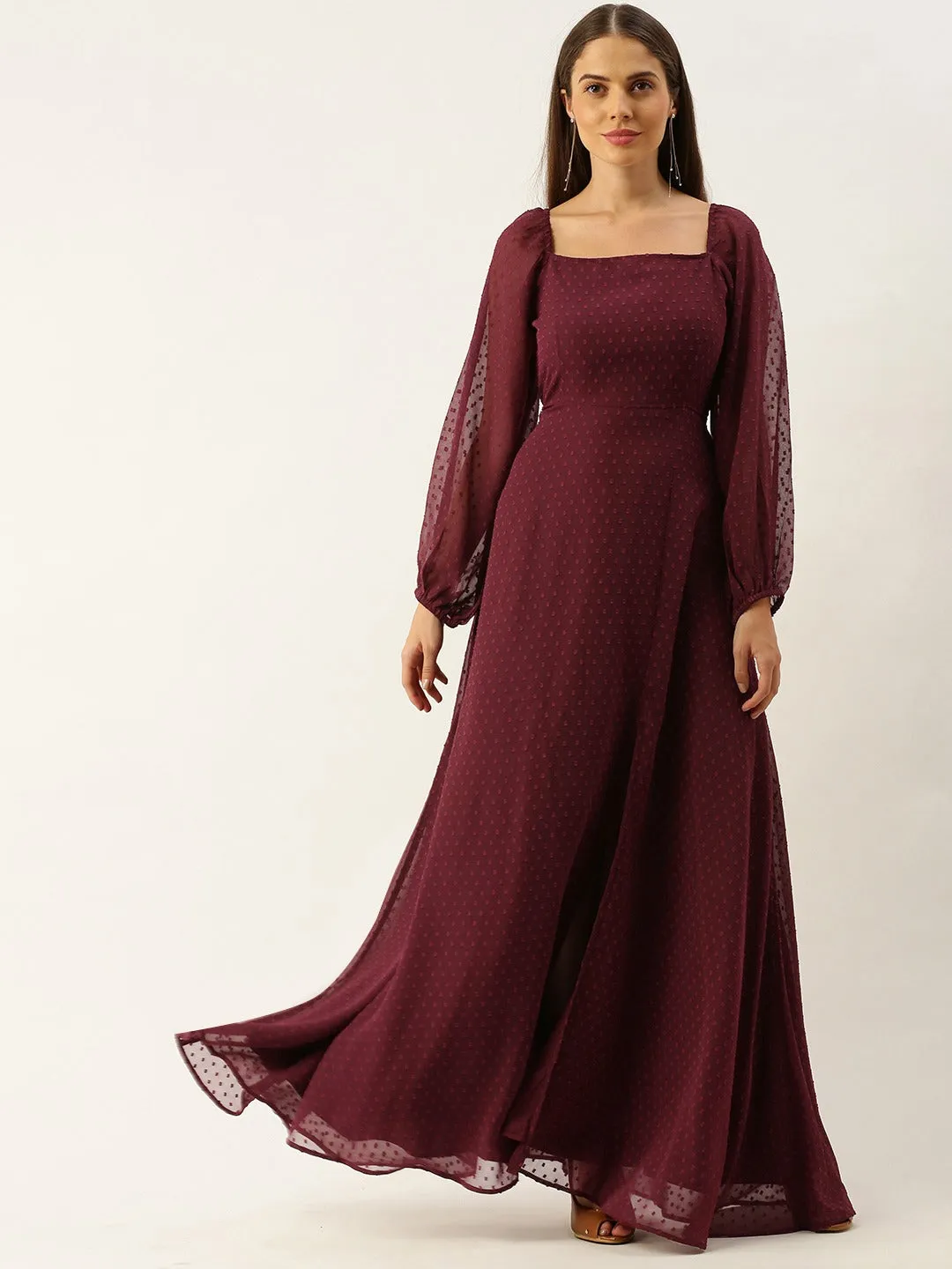 Berrylush Women Maroon Square Neck Dotted Maxi Dress