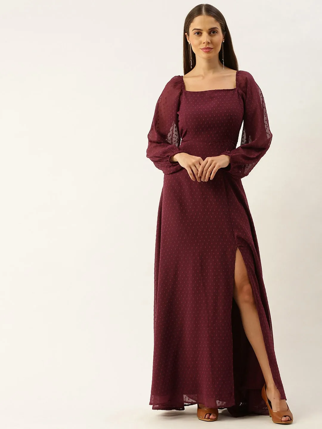 Berrylush Women Maroon Square Neck Dotted Maxi Dress