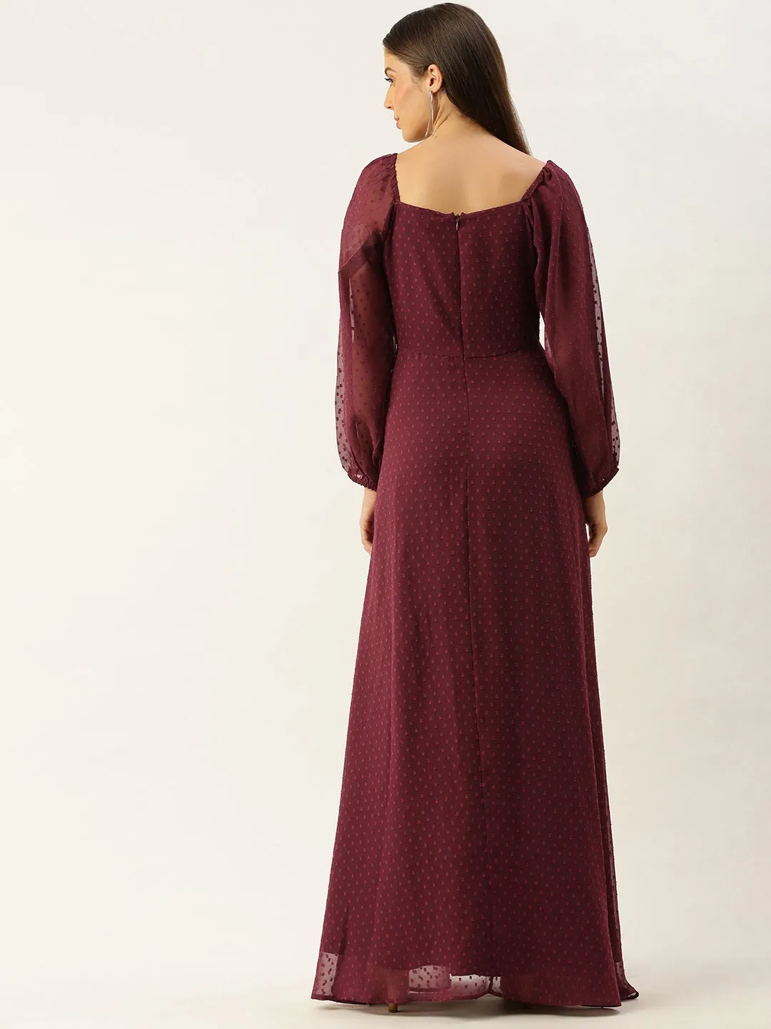 Berrylush Women Maroon Square Neck Dotted Maxi Dress