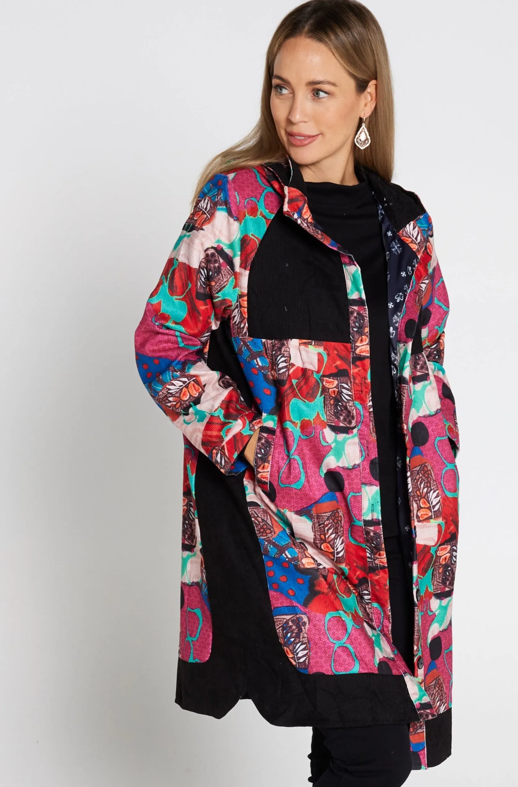 Bicheno Corduroy Coat - Pink Abstract