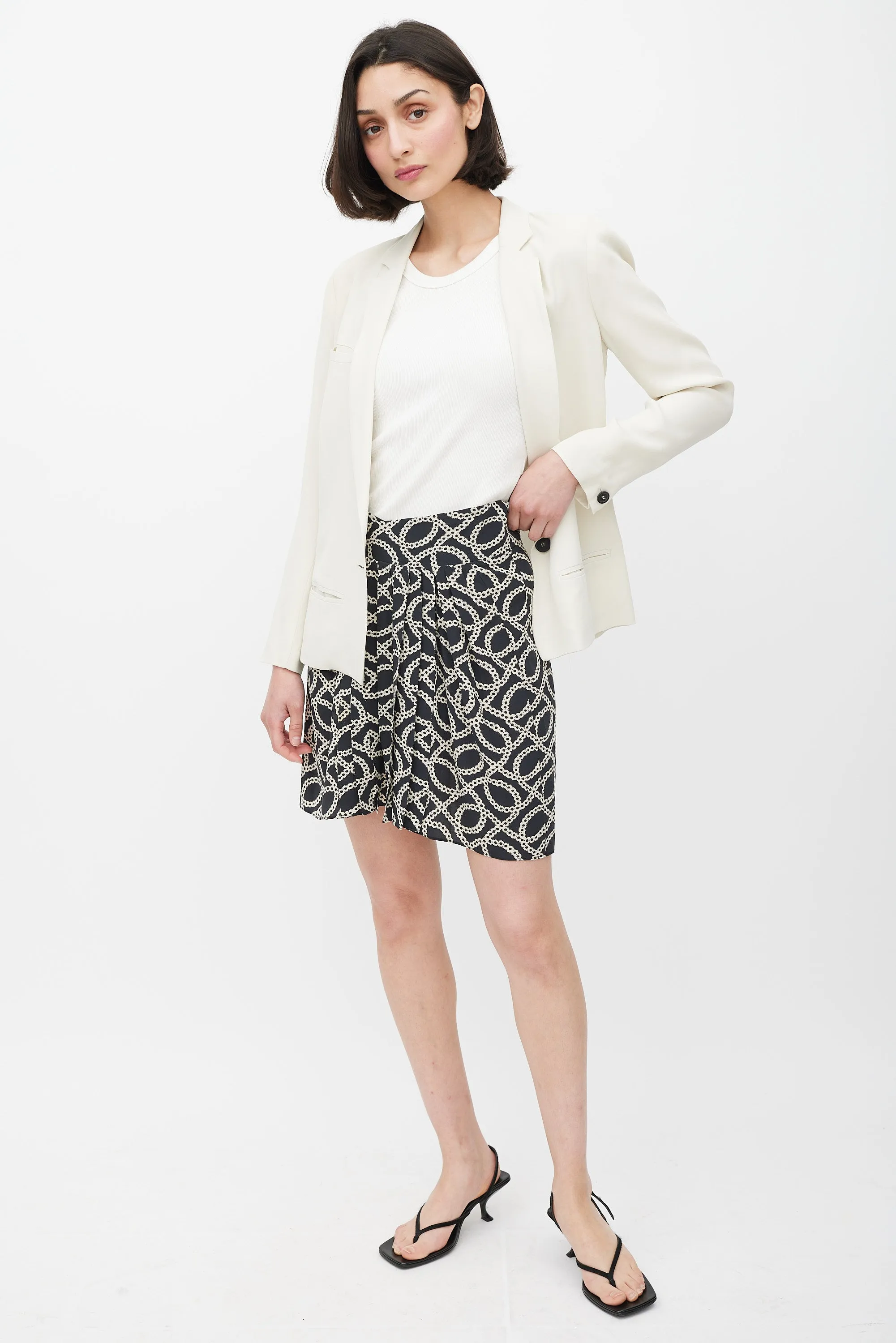 Black & Cream Silk Geometric Pleated Skirt