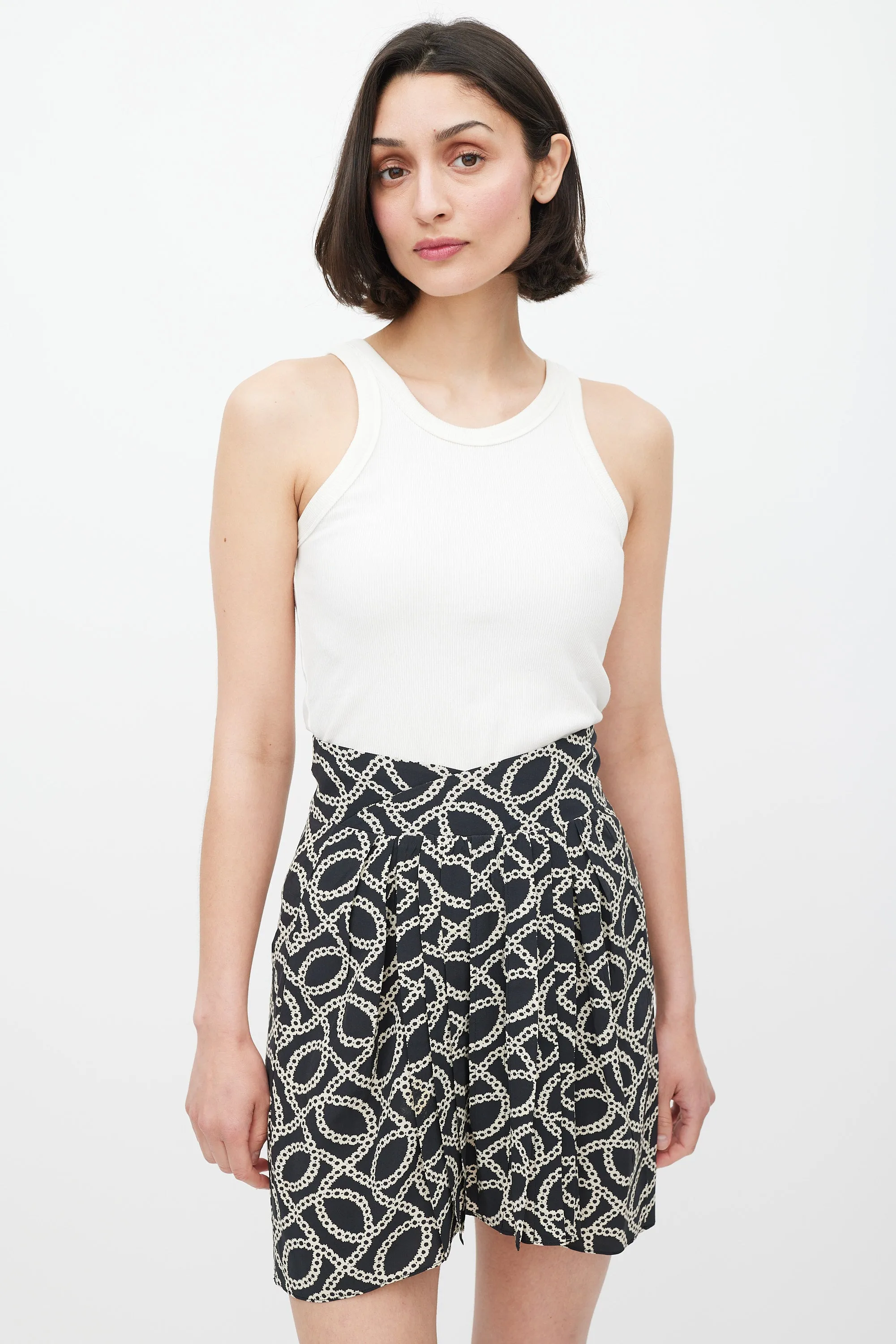 Black & Cream Silk Geometric Pleated Skirt