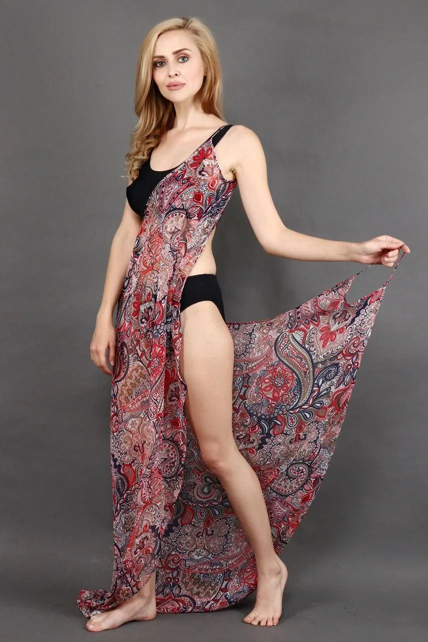 Black & Red Floral Printed Wrap Around Cover Up Dress