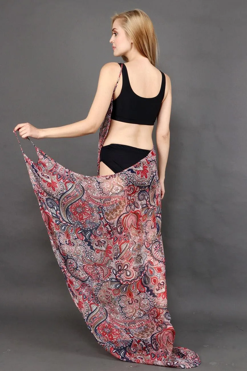 Black & Red Floral Printed Wrap Around Cover Up Dress