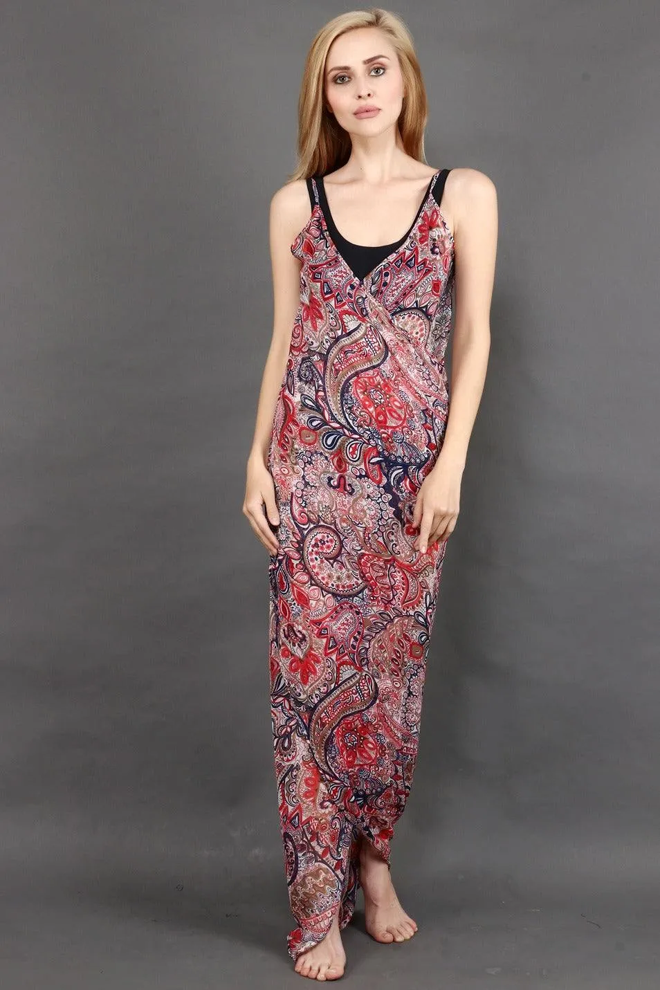 Black & Red Floral Printed Wrap Around Cover Up Dress