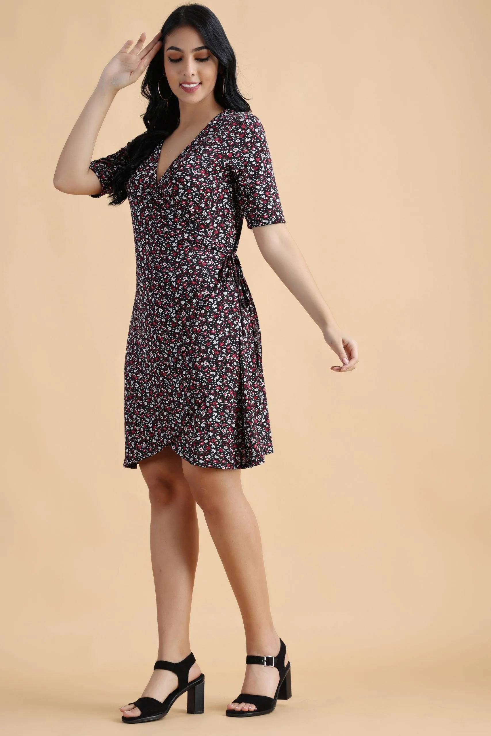 Black Floral Printed Wrap Around Dress