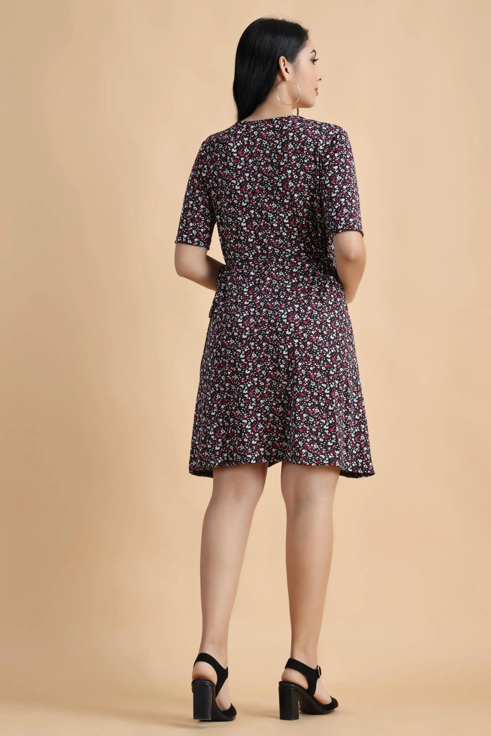 Black Floral Printed Wrap Around Dress