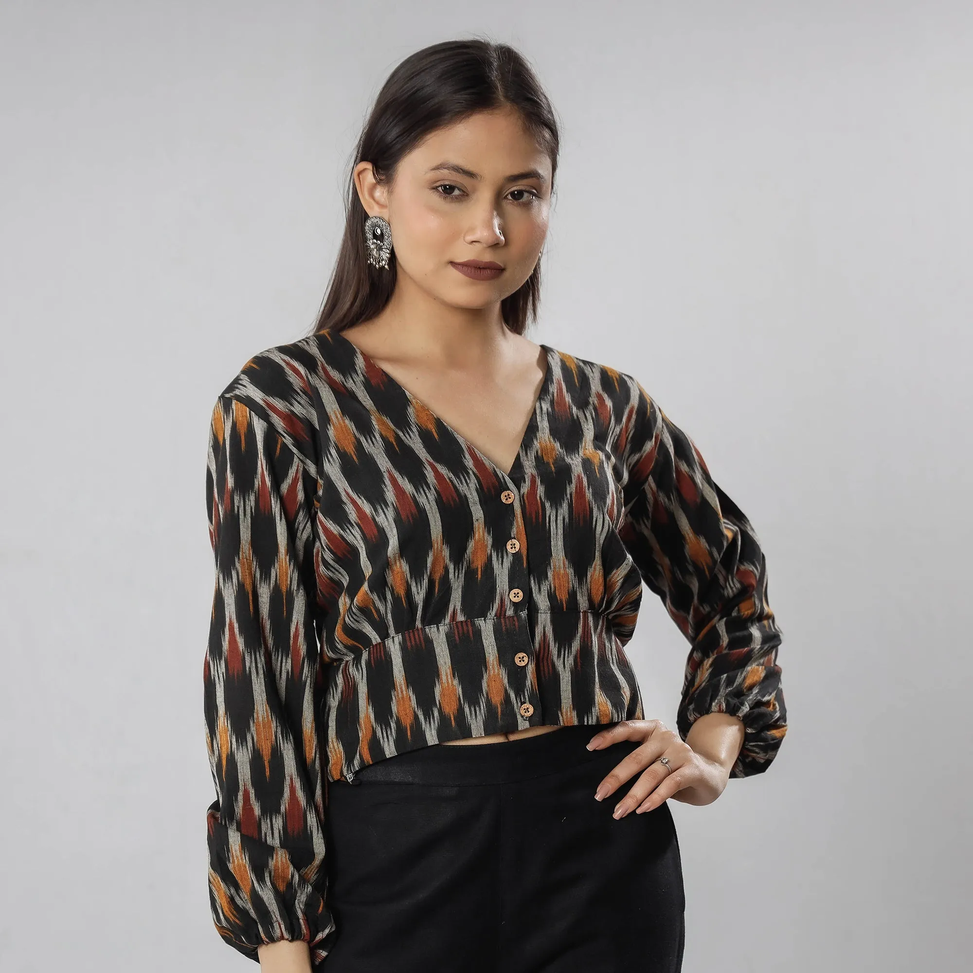 Black - Pochampally Ikat Full Sleeve Cotton Crop Top