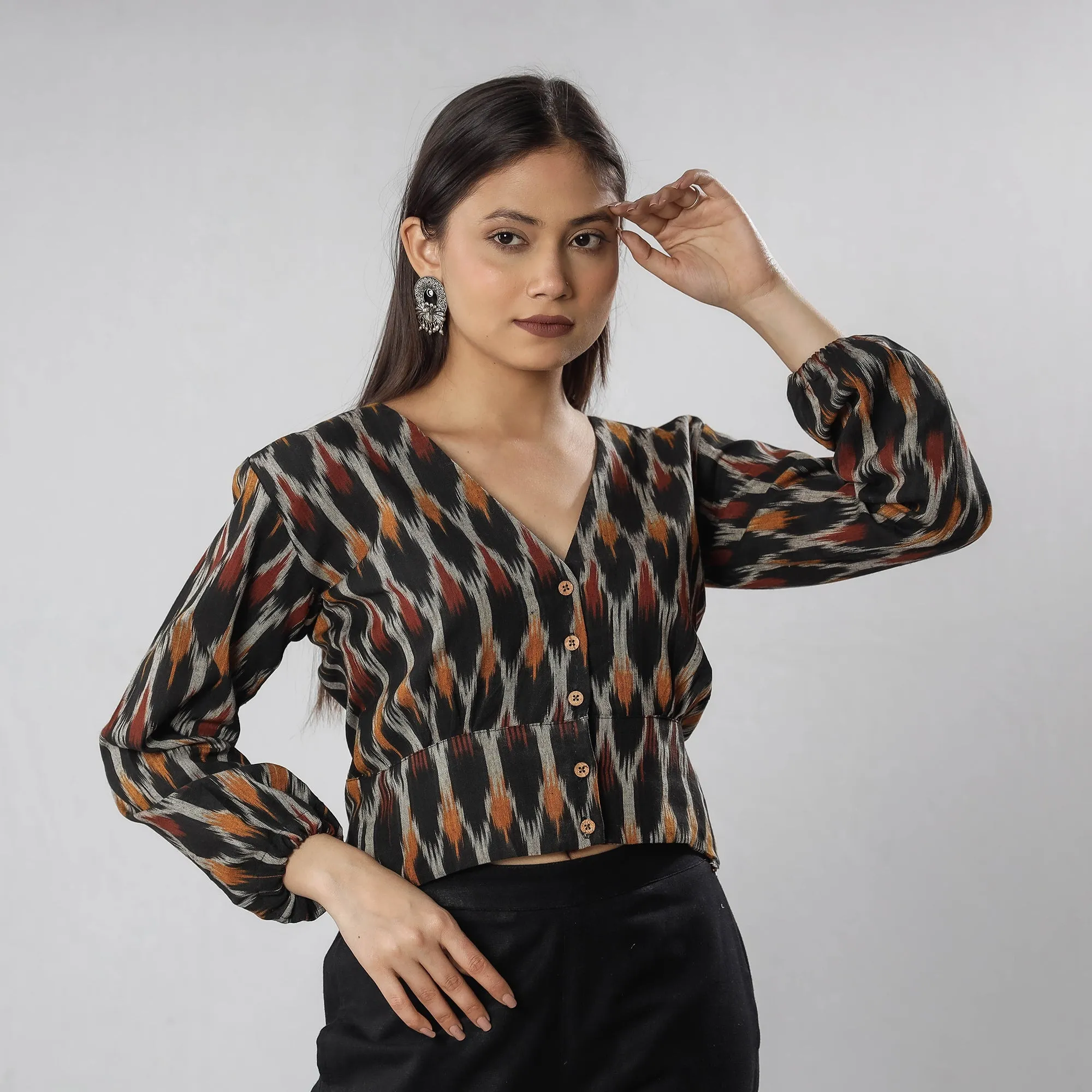 Black - Pochampally Ikat Full Sleeve Cotton Crop Top