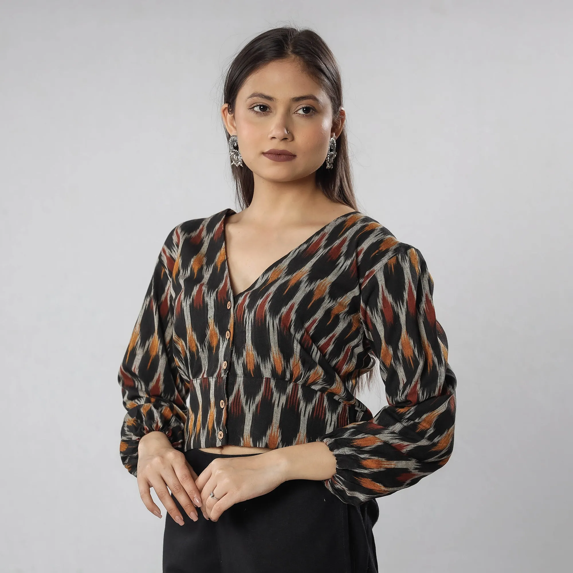 Black - Pochampally Ikat Full Sleeve Cotton Crop Top