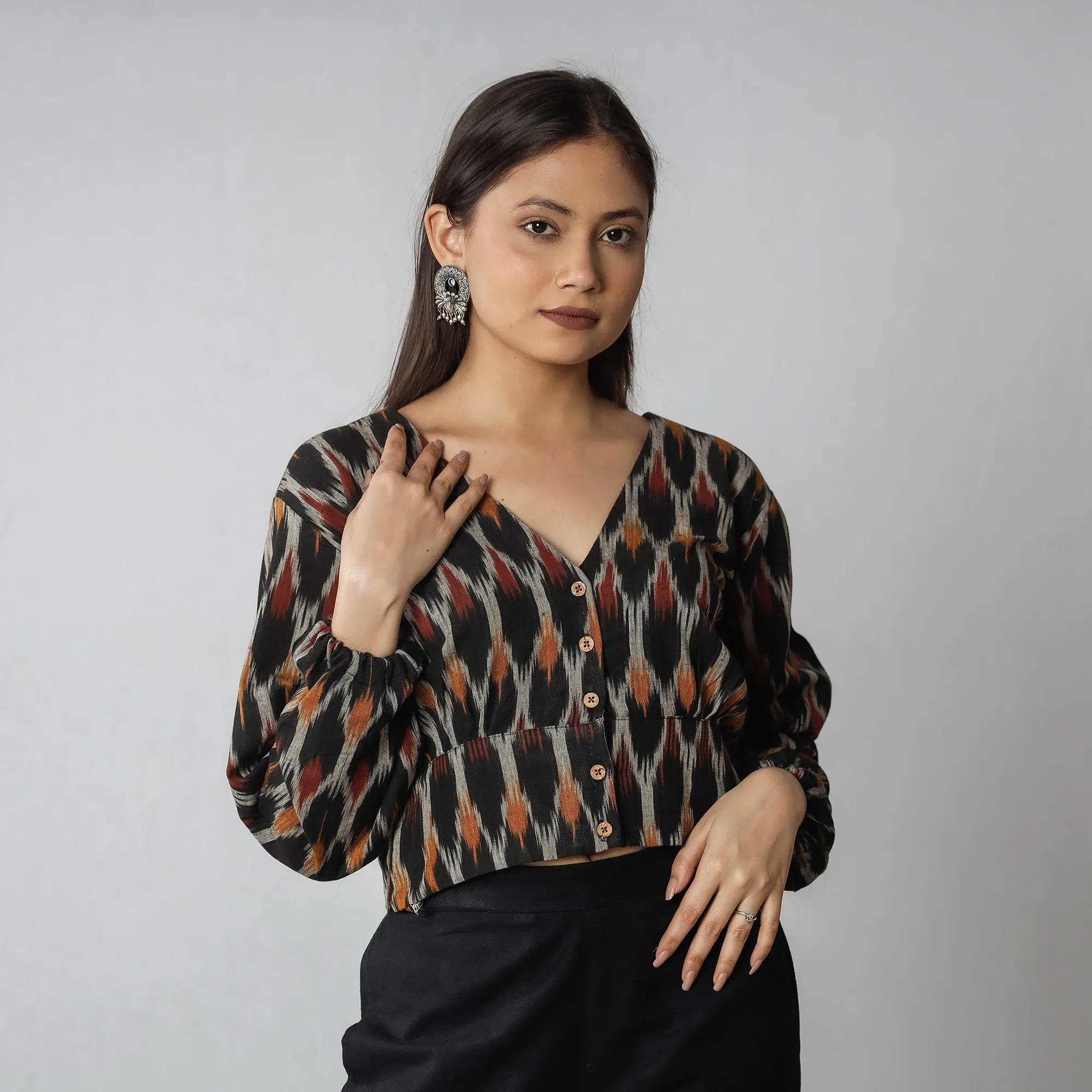 Black - Pochampally Ikat Full Sleeve Cotton Crop Top