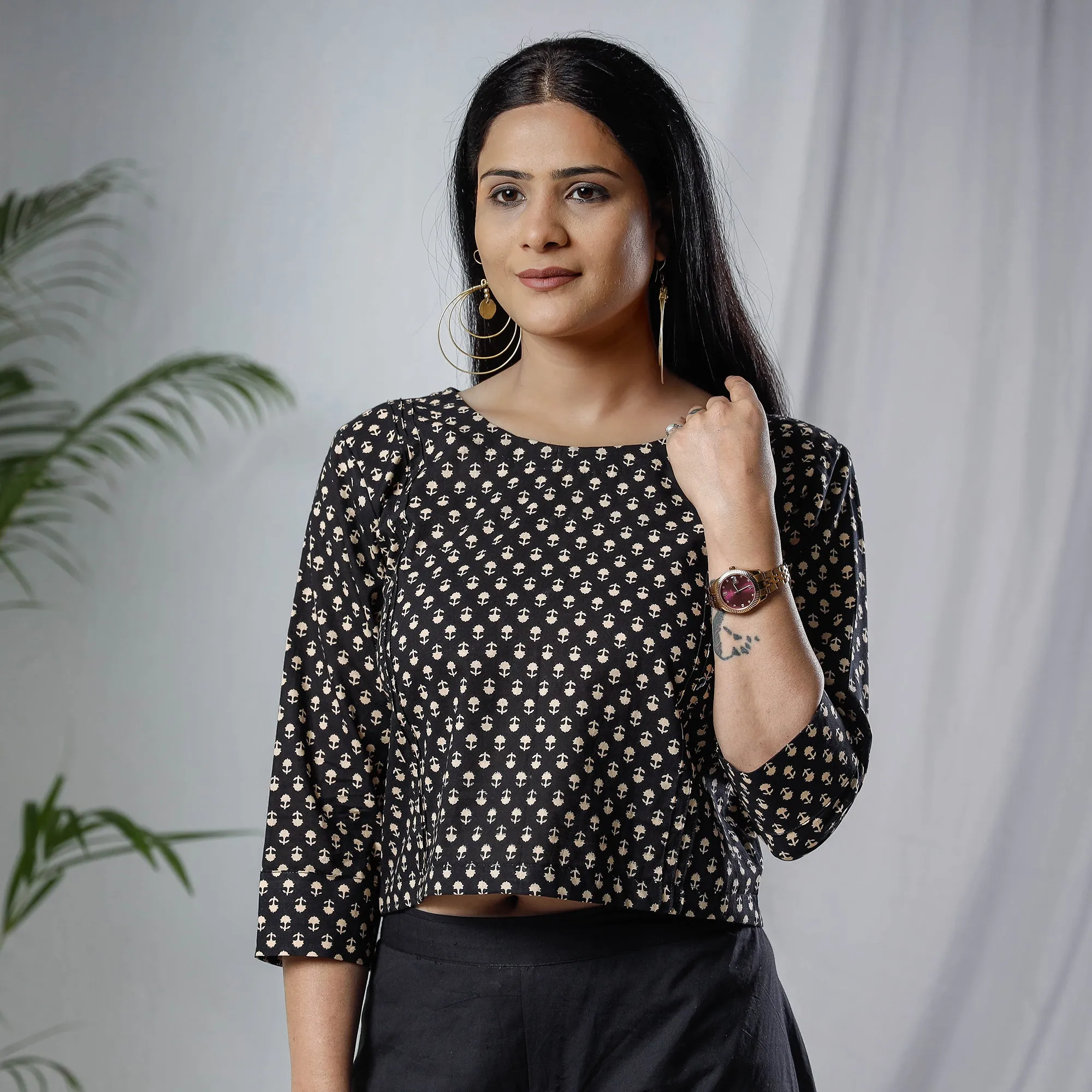 Black - Sanganeri Hand Block Prints Full Sleeve Cotton Crop Top