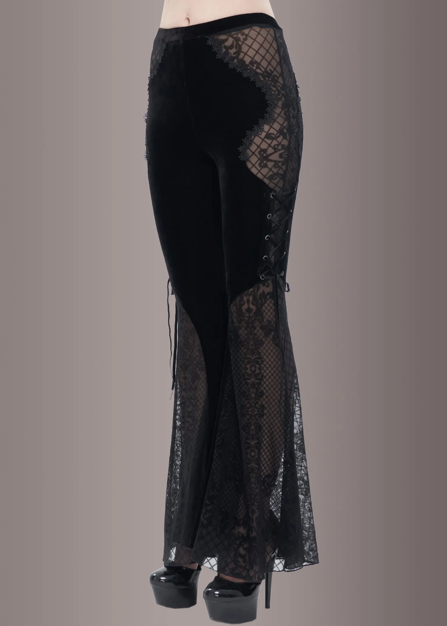 Black Velvet Bell Bottoms with Lace Up and See Through Details