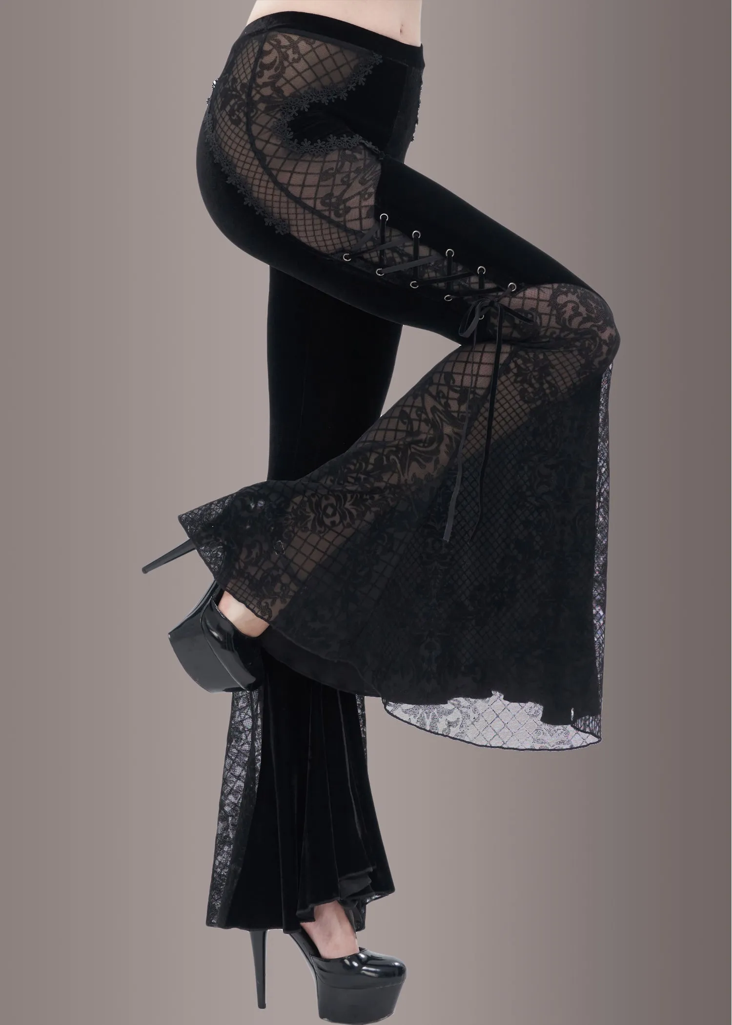 Black Velvet Bell Bottoms with Lace Up and See Through Details