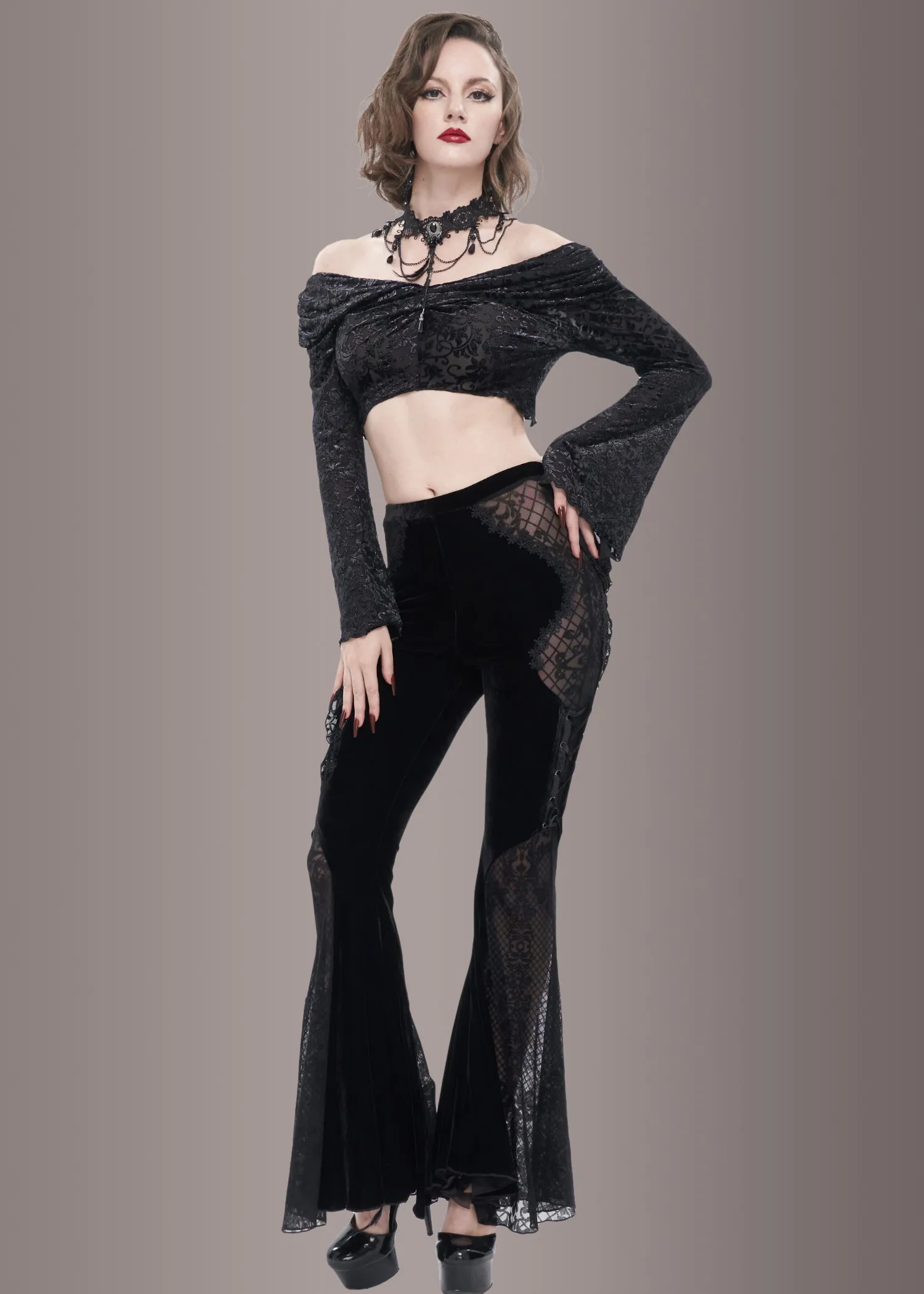 Black Velvet Bell Bottoms with Lace Up and See Through Details