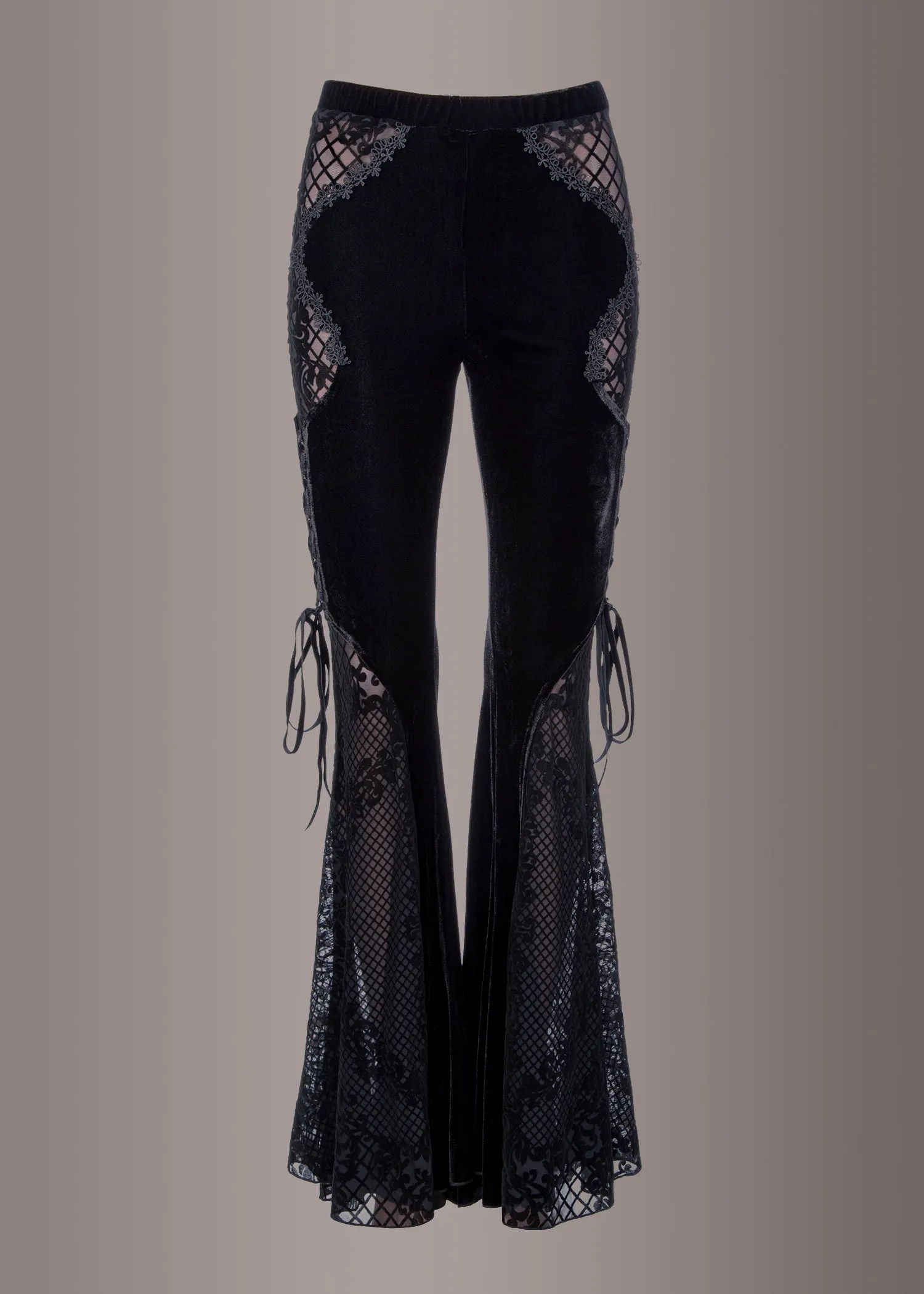 Black Velvet Bell Bottoms with Lace Up and See Through Details