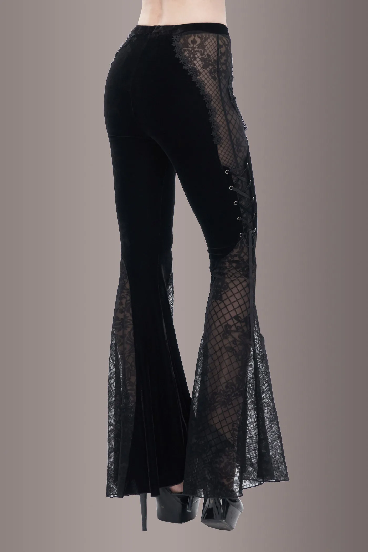 Black Velvet Bell Bottoms with Lace Up and See Through Details