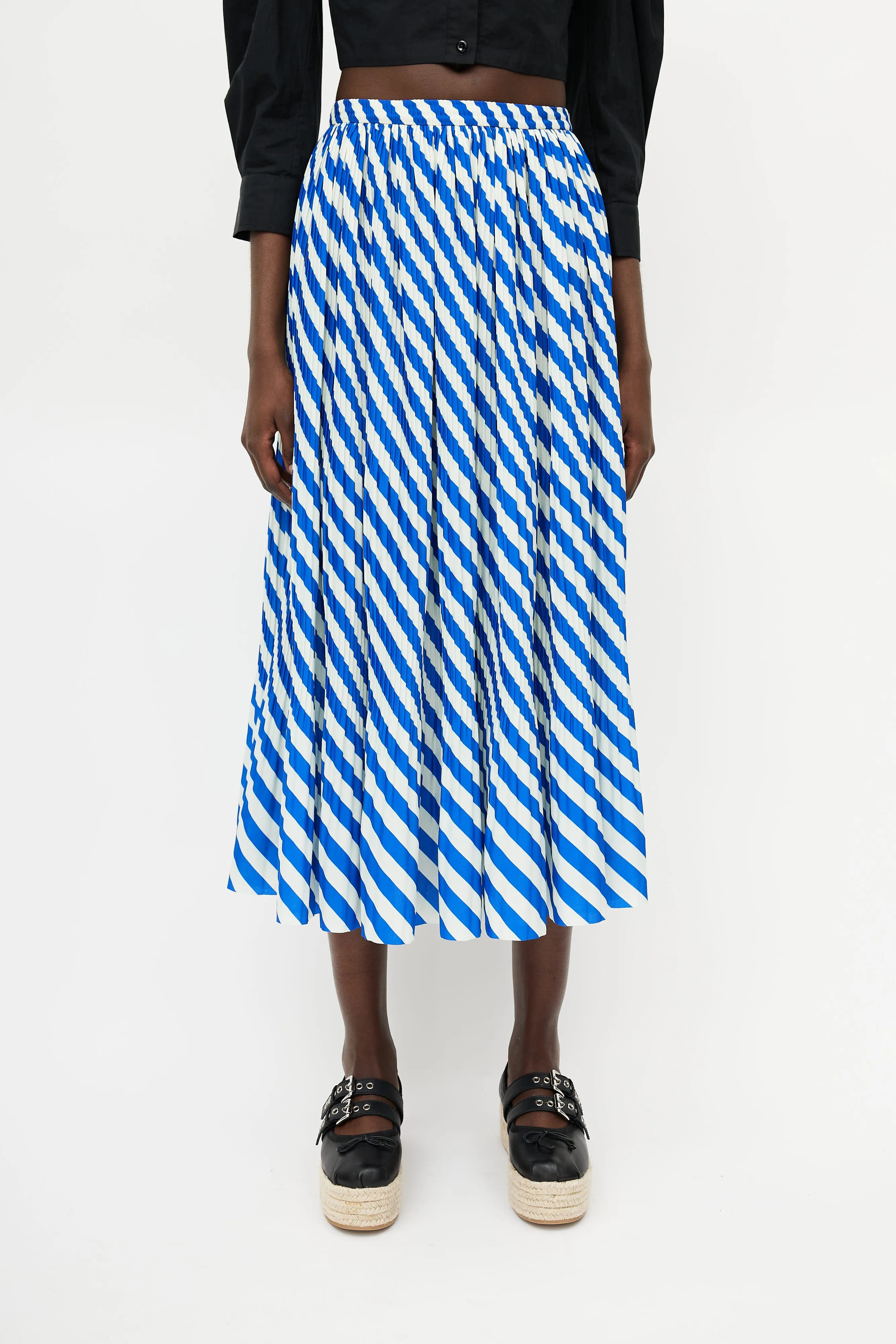 Blue & Green Striped Pleated Skirt