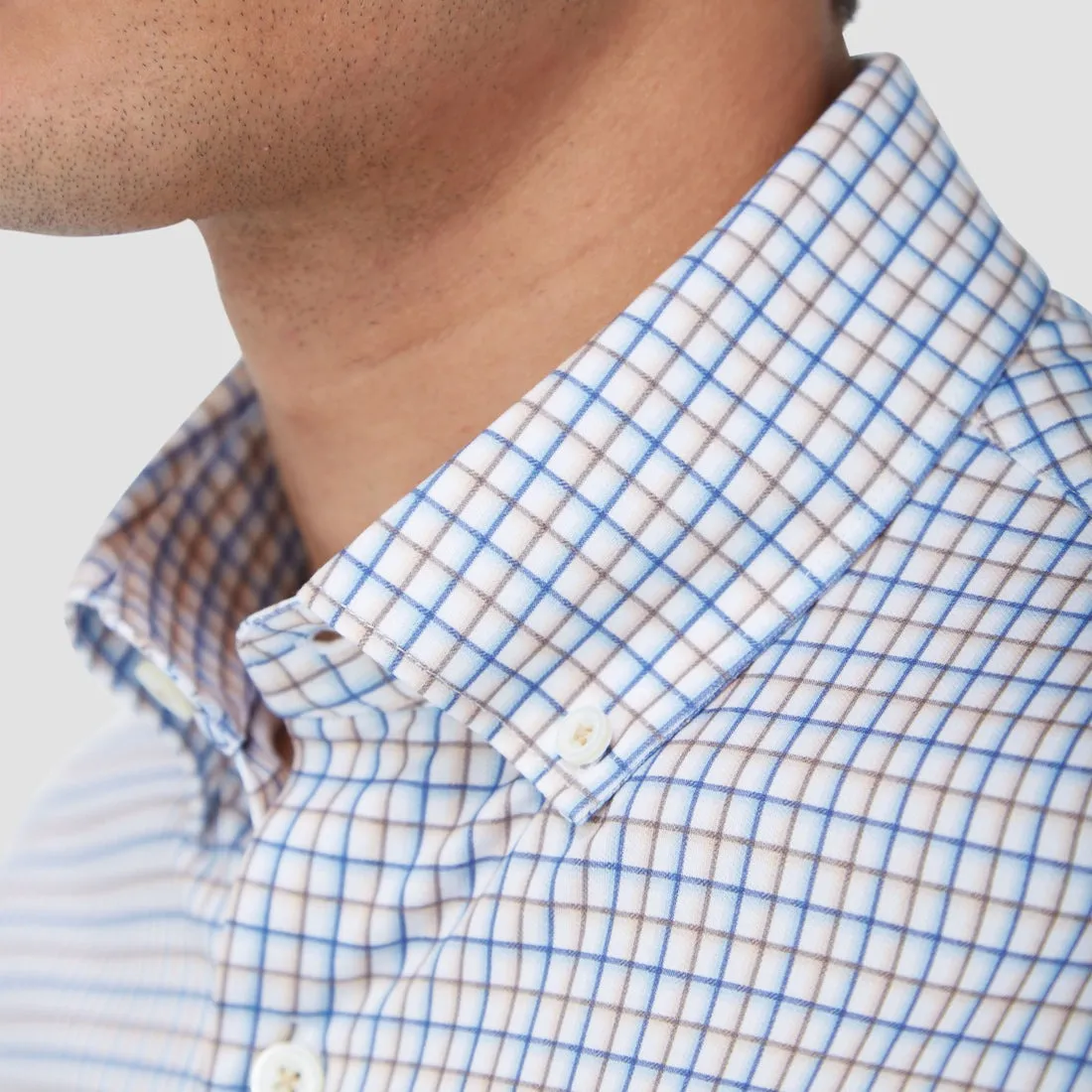 BLUE AND TAN SHADOW CHECK 8 WAY STRETCH SHIRT - SAND