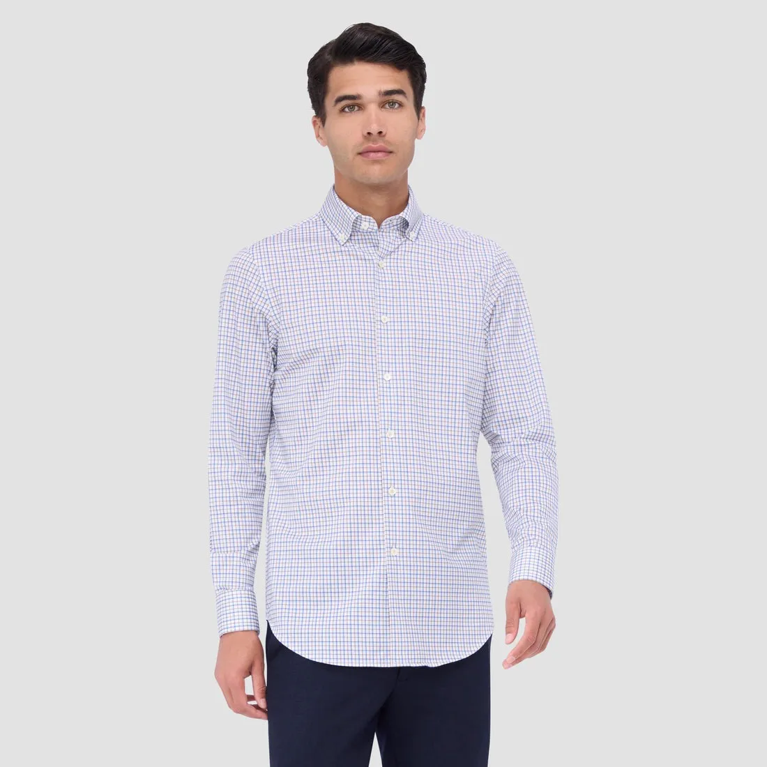 BLUE AND TAN SHADOW CHECK 8 WAY STRETCH SHIRT - SAND