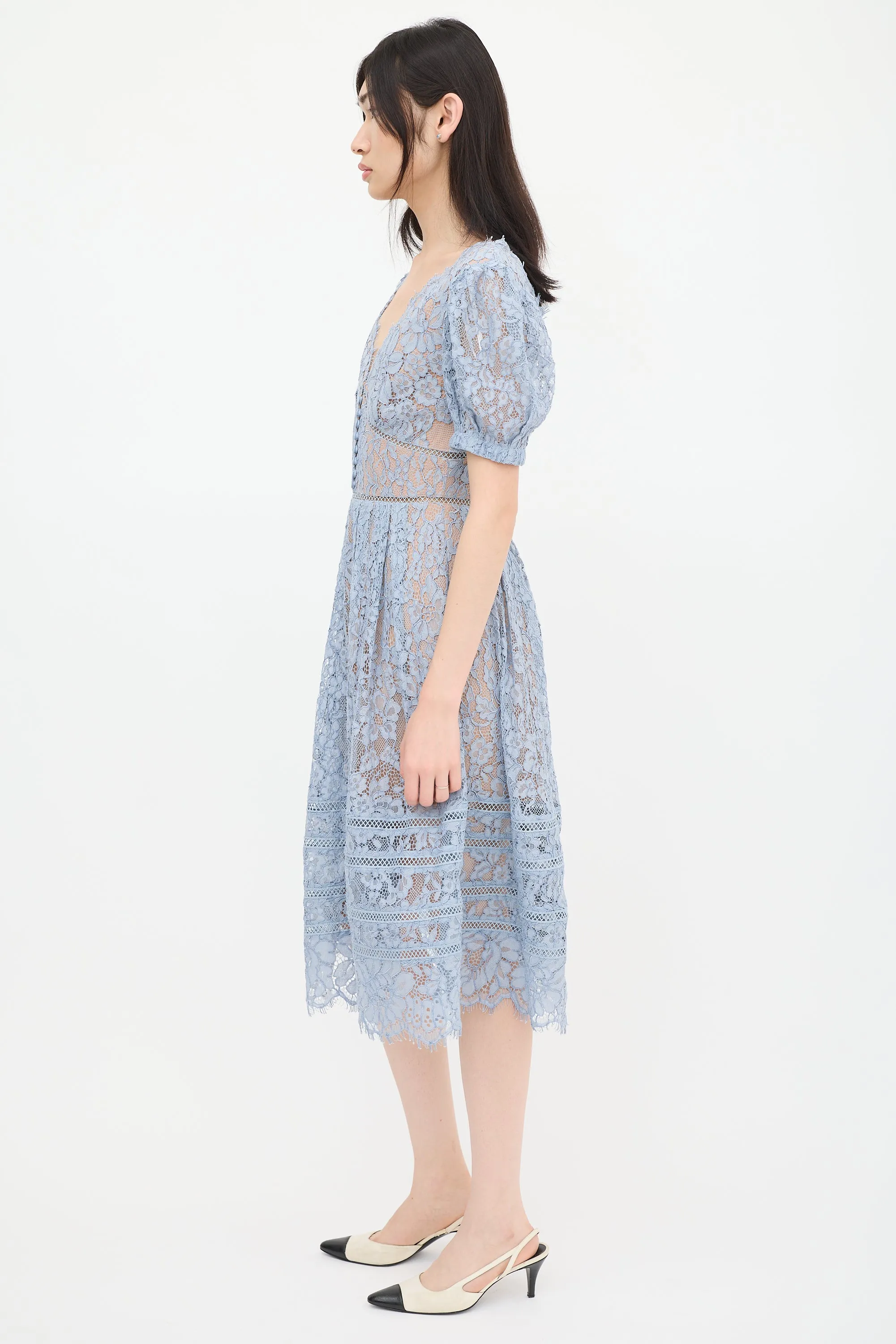 Blue Floral Lace Pleated Midi Dress