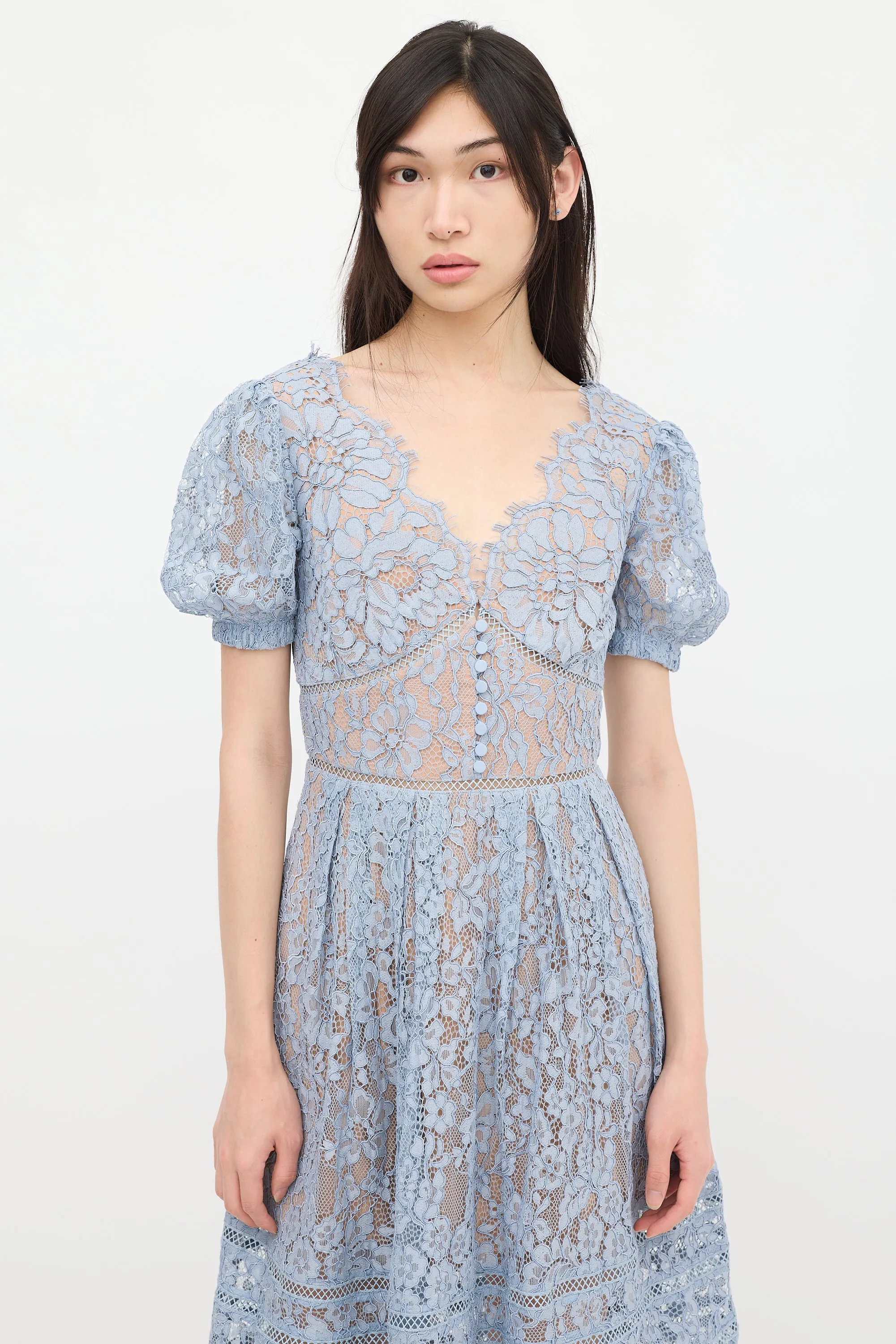 Blue Floral Lace Pleated Midi Dress