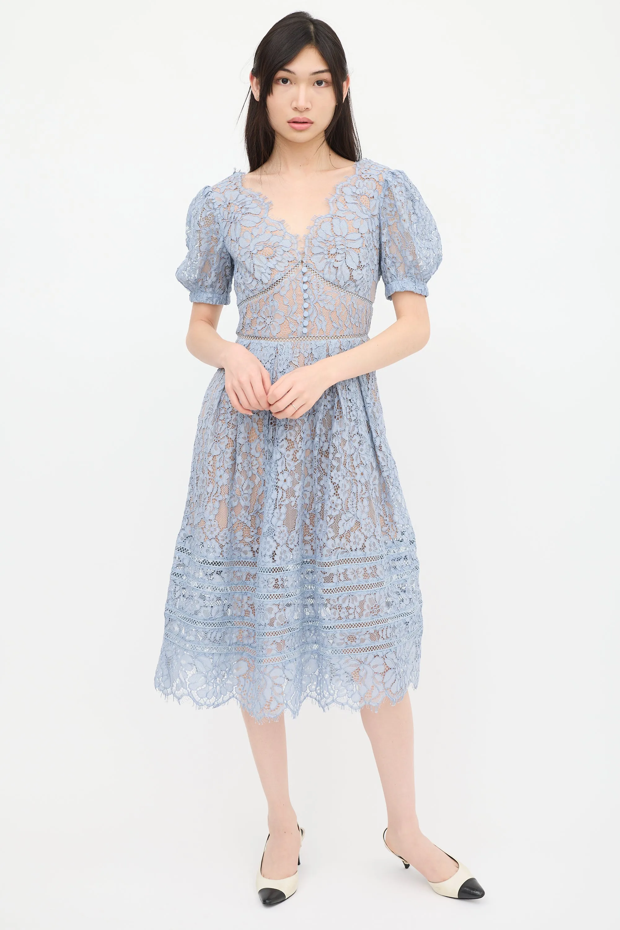 Blue Floral Lace Pleated Midi Dress