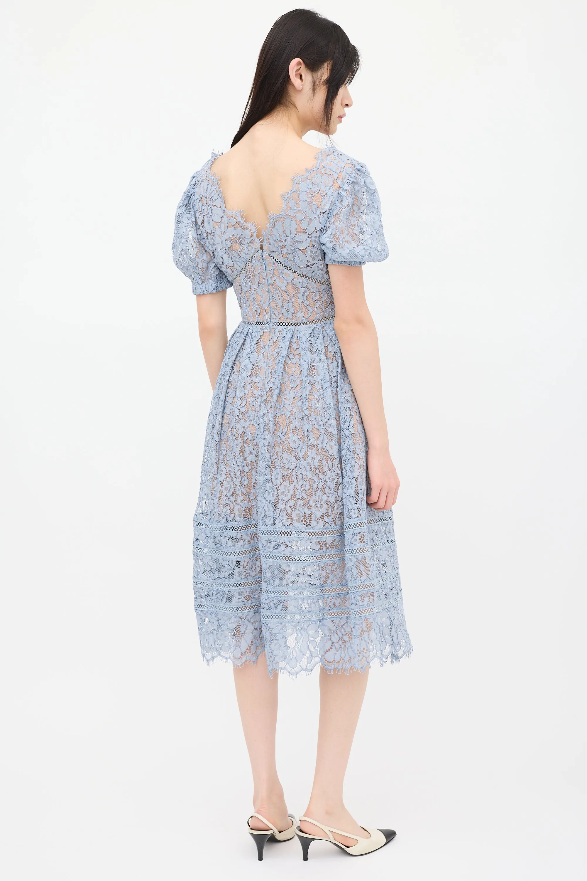 Blue Floral Lace Pleated Midi Dress