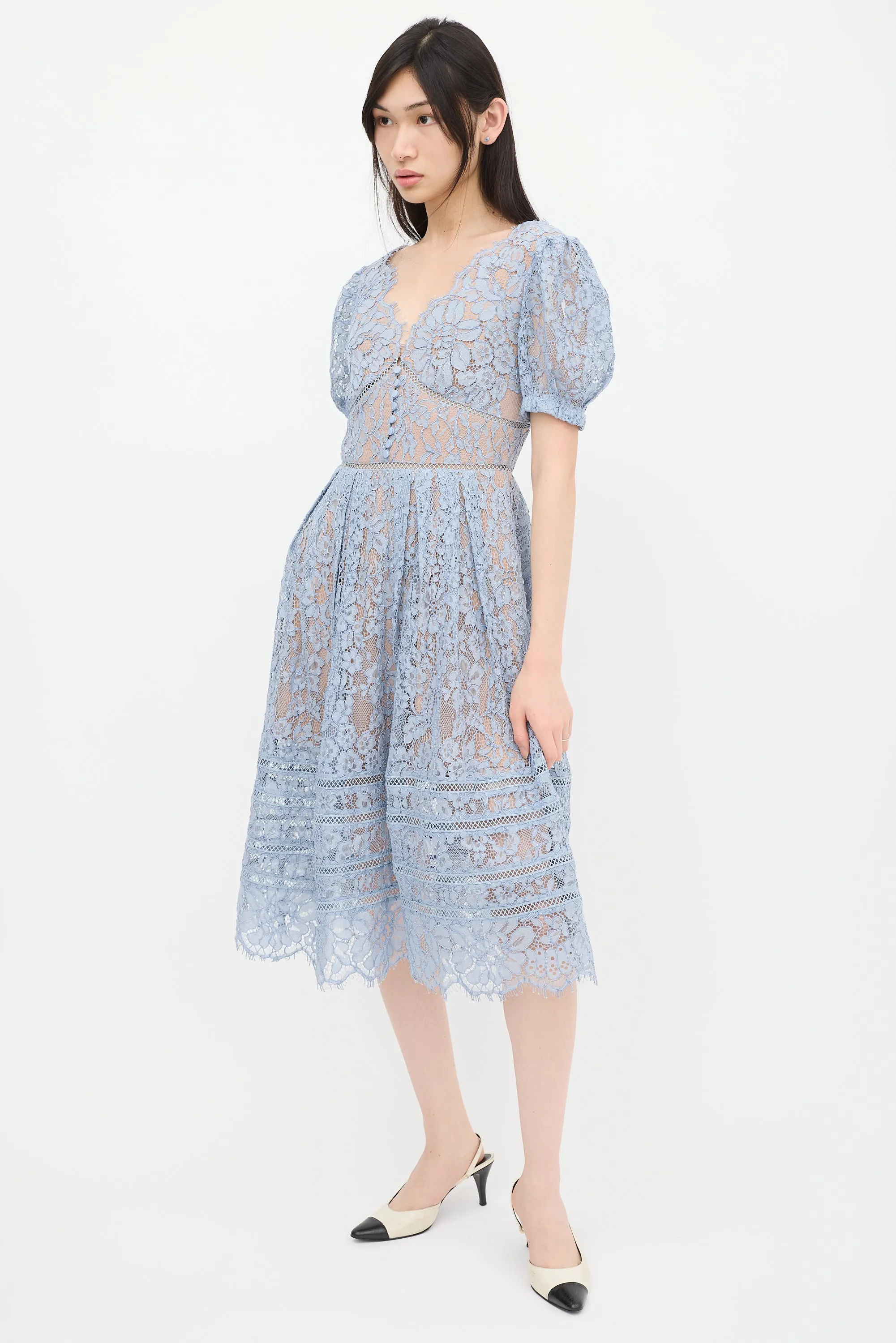 Blue Floral Lace Pleated Midi Dress