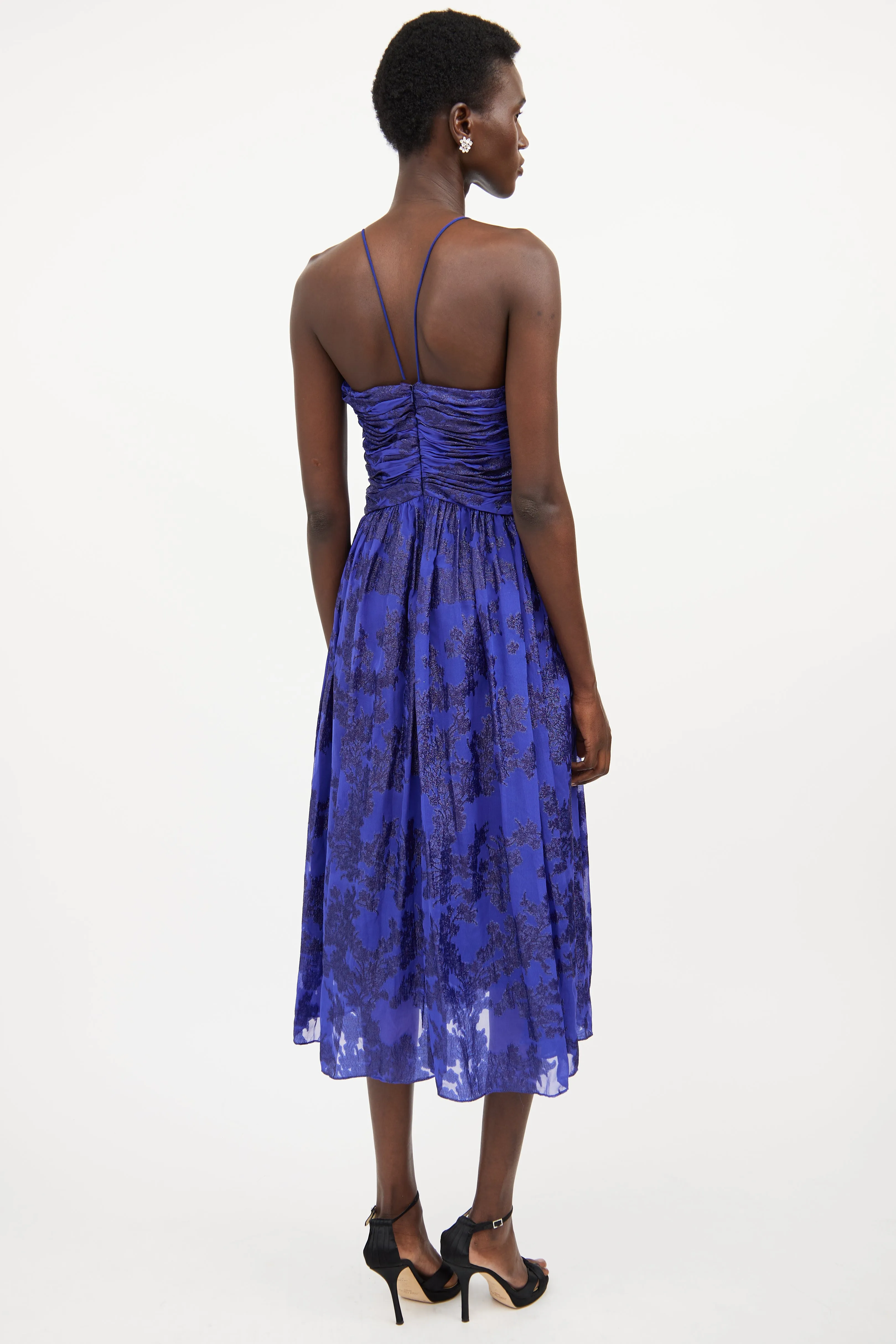 Blue Silk Ruched Floral Dress