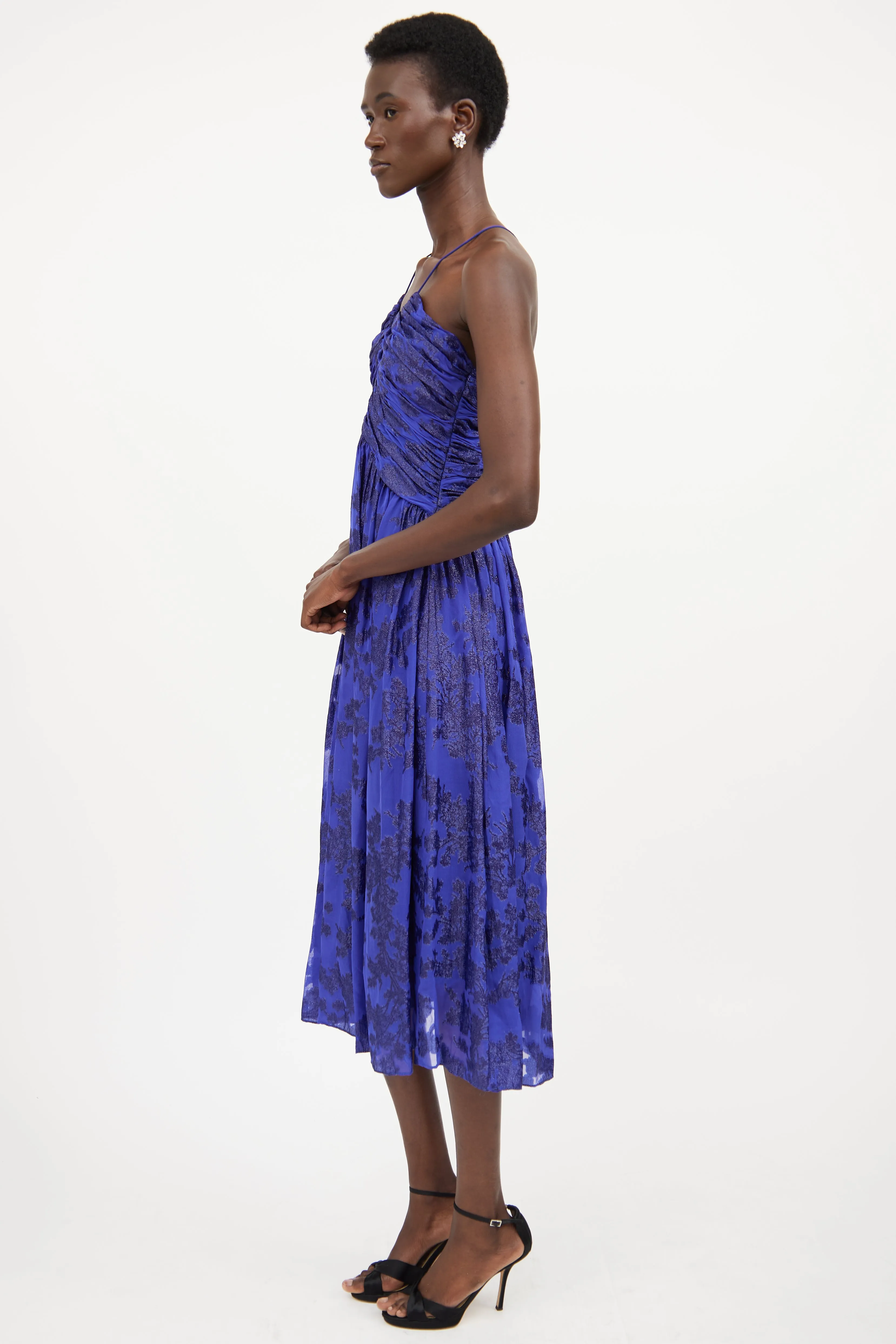 Blue Silk Ruched Floral Dress