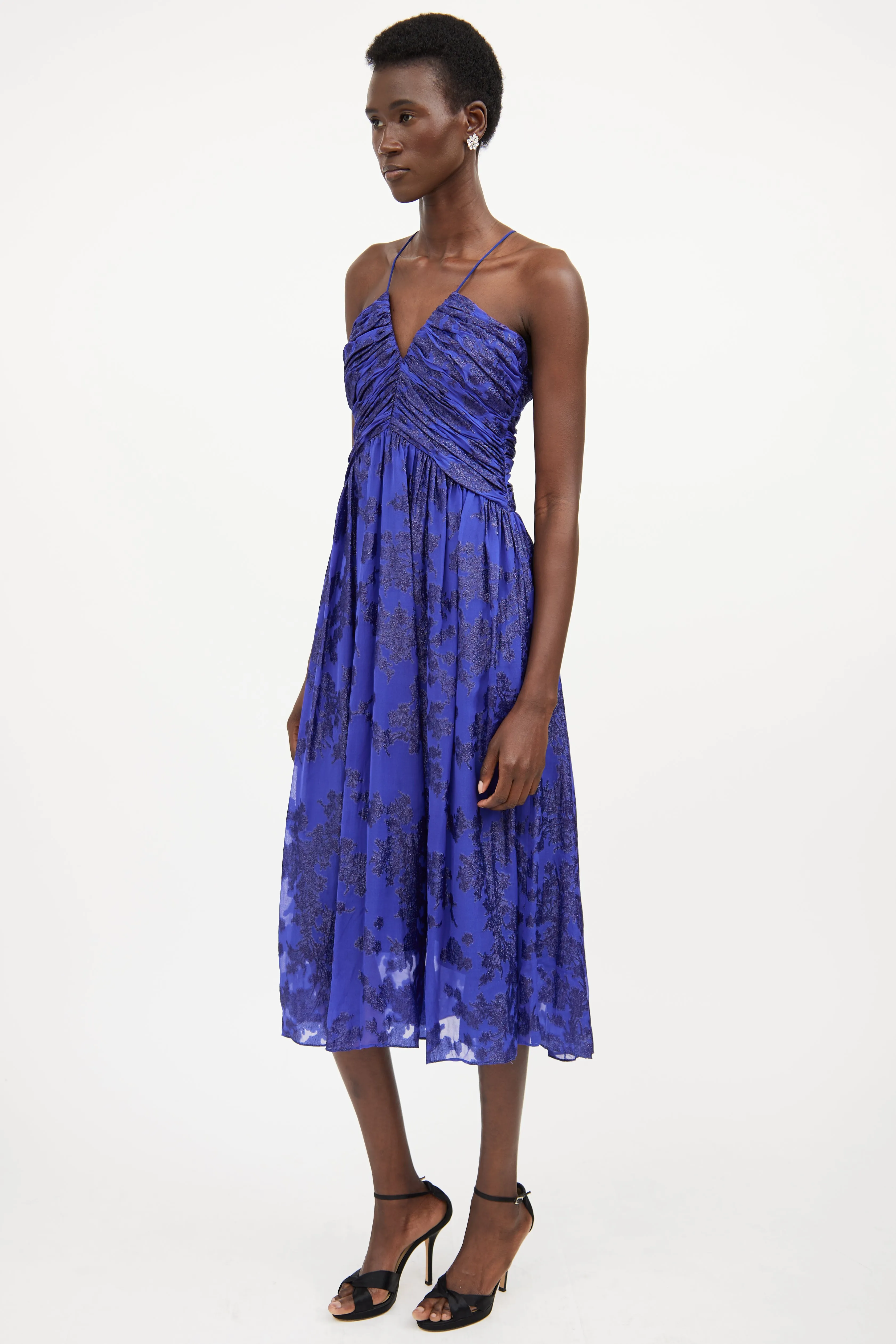 Blue Silk Ruched Floral Dress