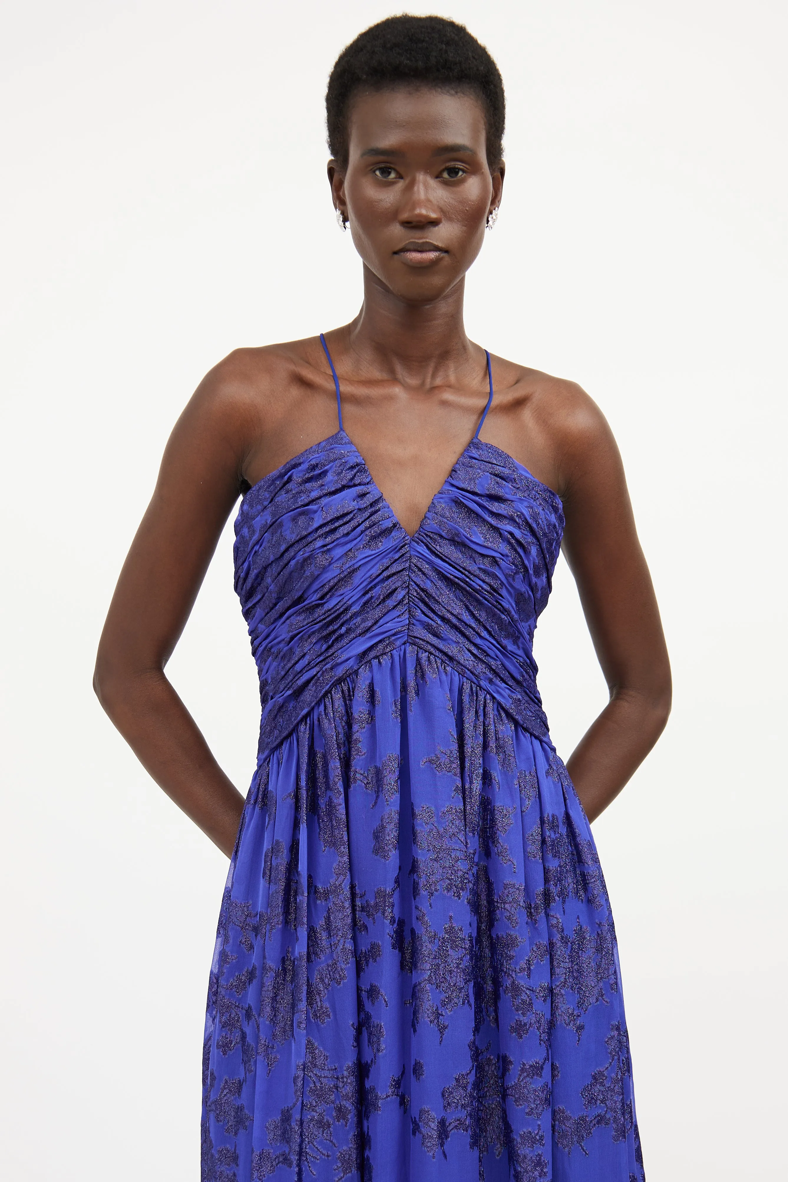 Blue Silk Ruched Floral Dress