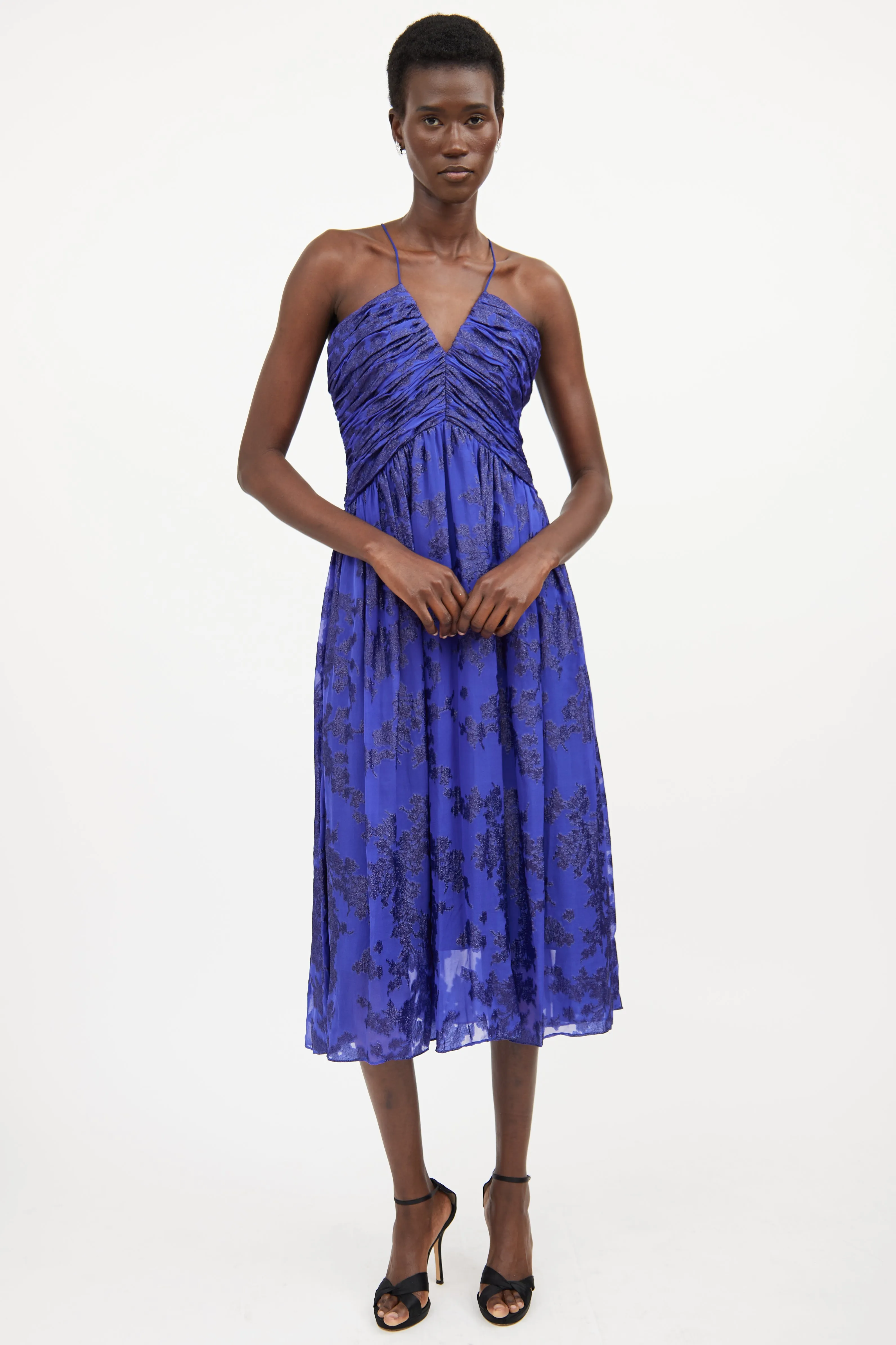 Blue Silk Ruched Floral Dress