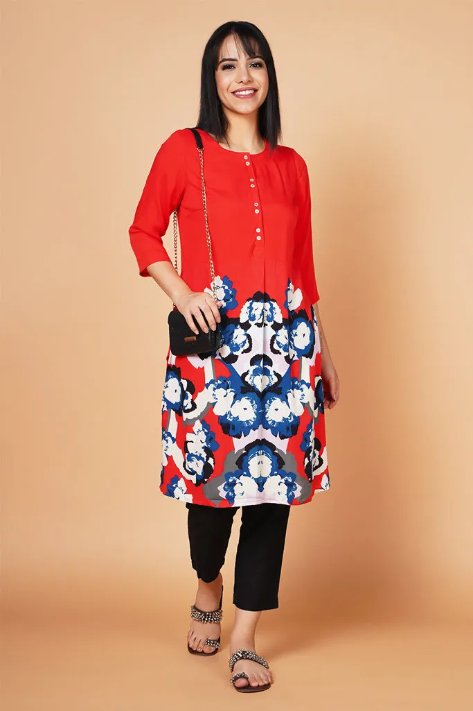 Bold Red Floral Printed Kurta