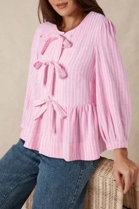 Bowknot Front Crew Neck Puff Sleeve Blouse