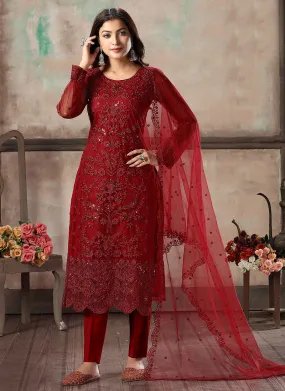 Bridal Red Embroidered Pant Style Suit