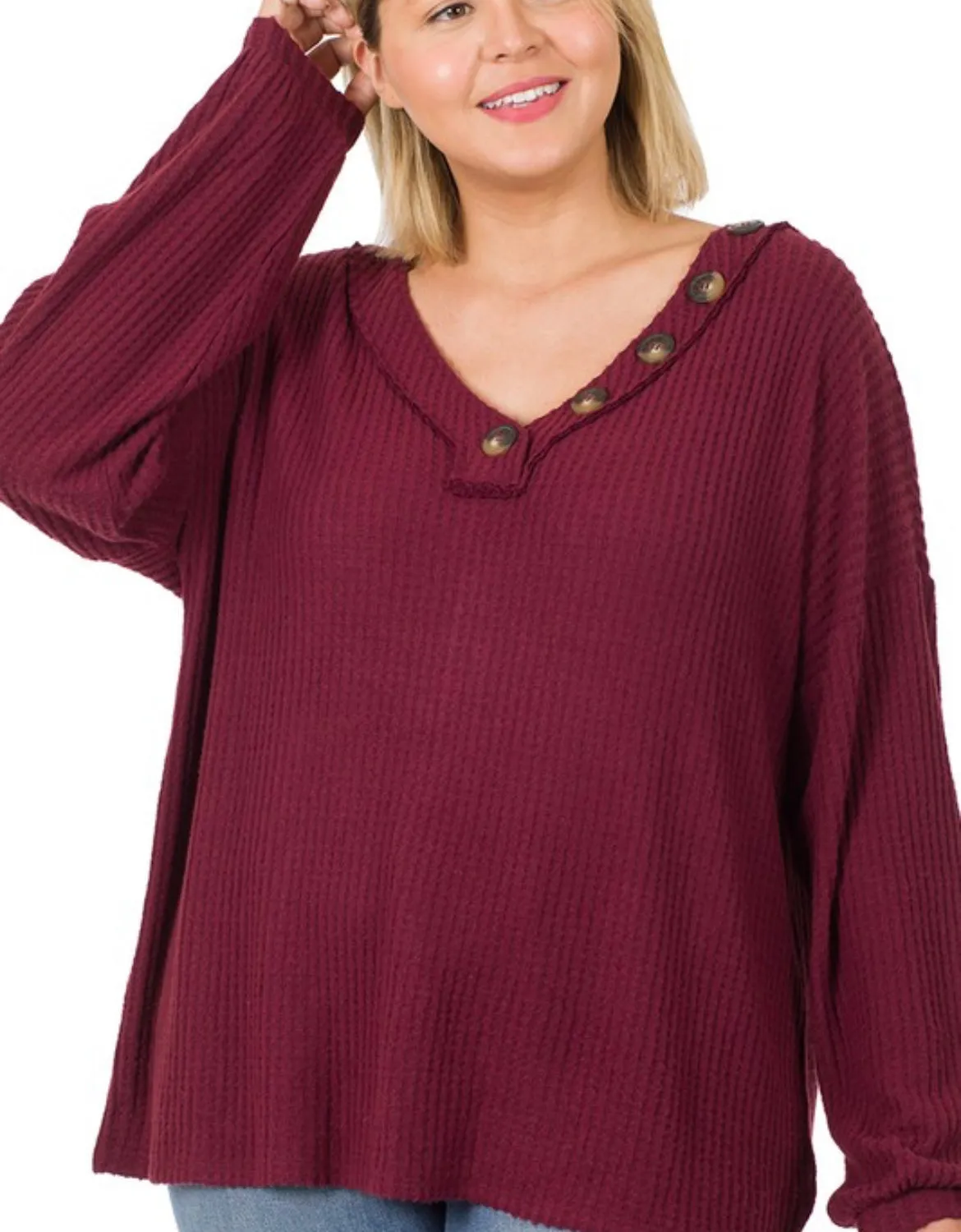 Brushed Thermal Waffle Knit Buttoned Sweater