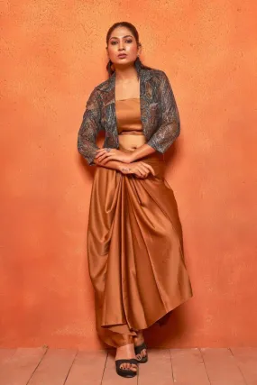 Camel Brown Leaf Print Dhoti Skirt Shrug Co-ord Set