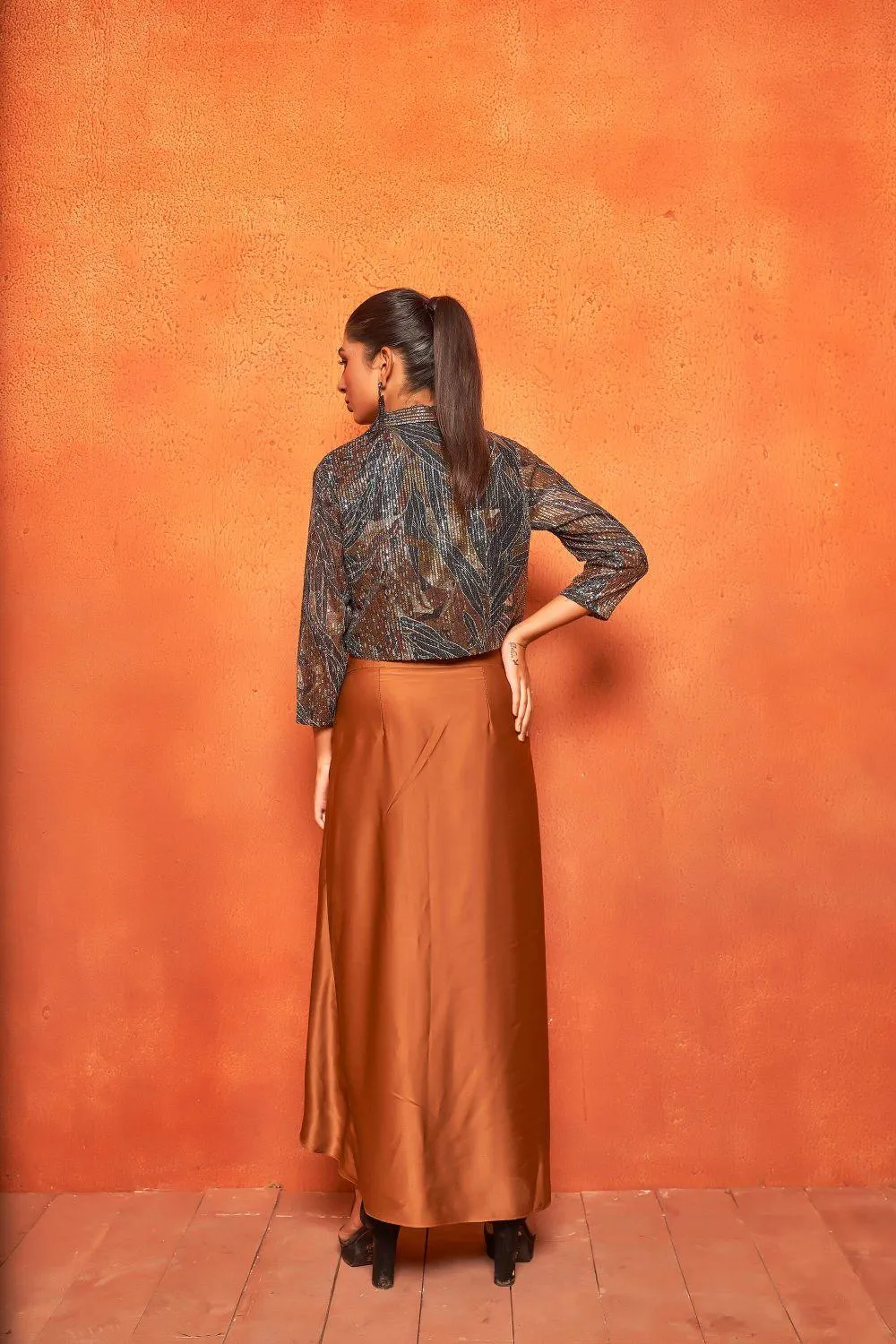 Camel Brown Leaf Print Dhoti Skirt Shrug Co-ord Set