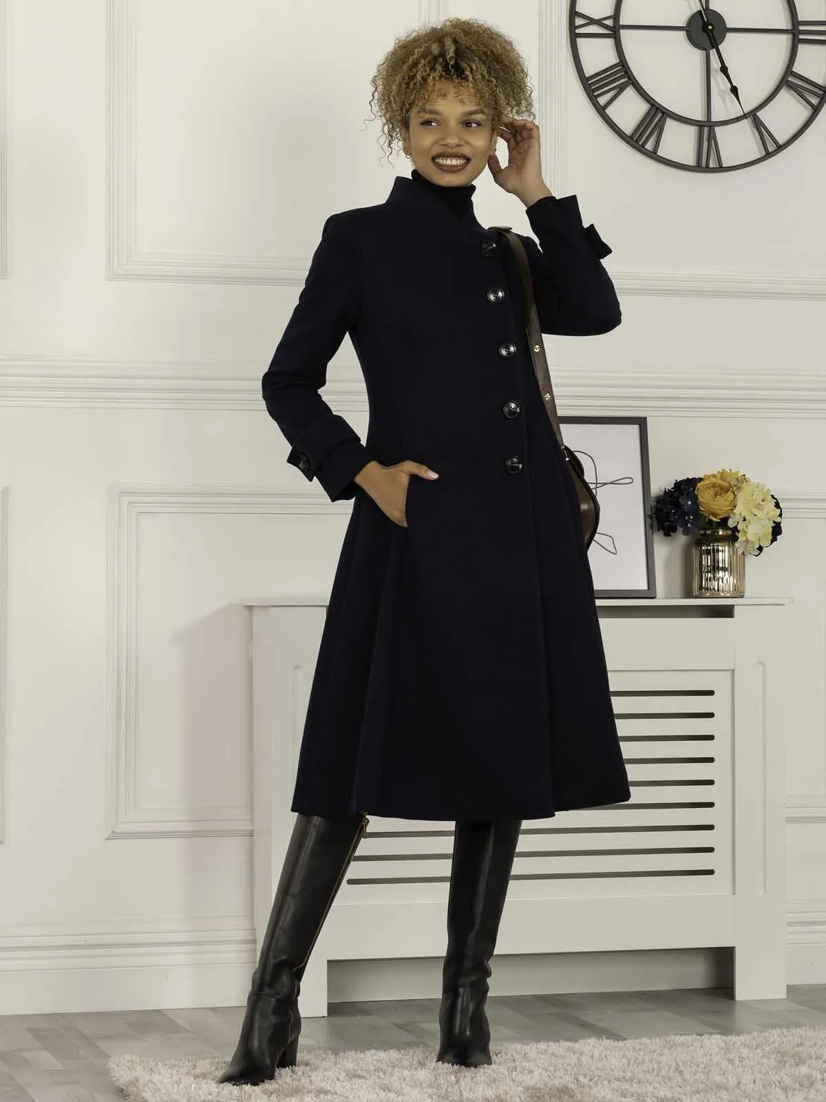 Caroline Asymmetric Button Coat, Navy