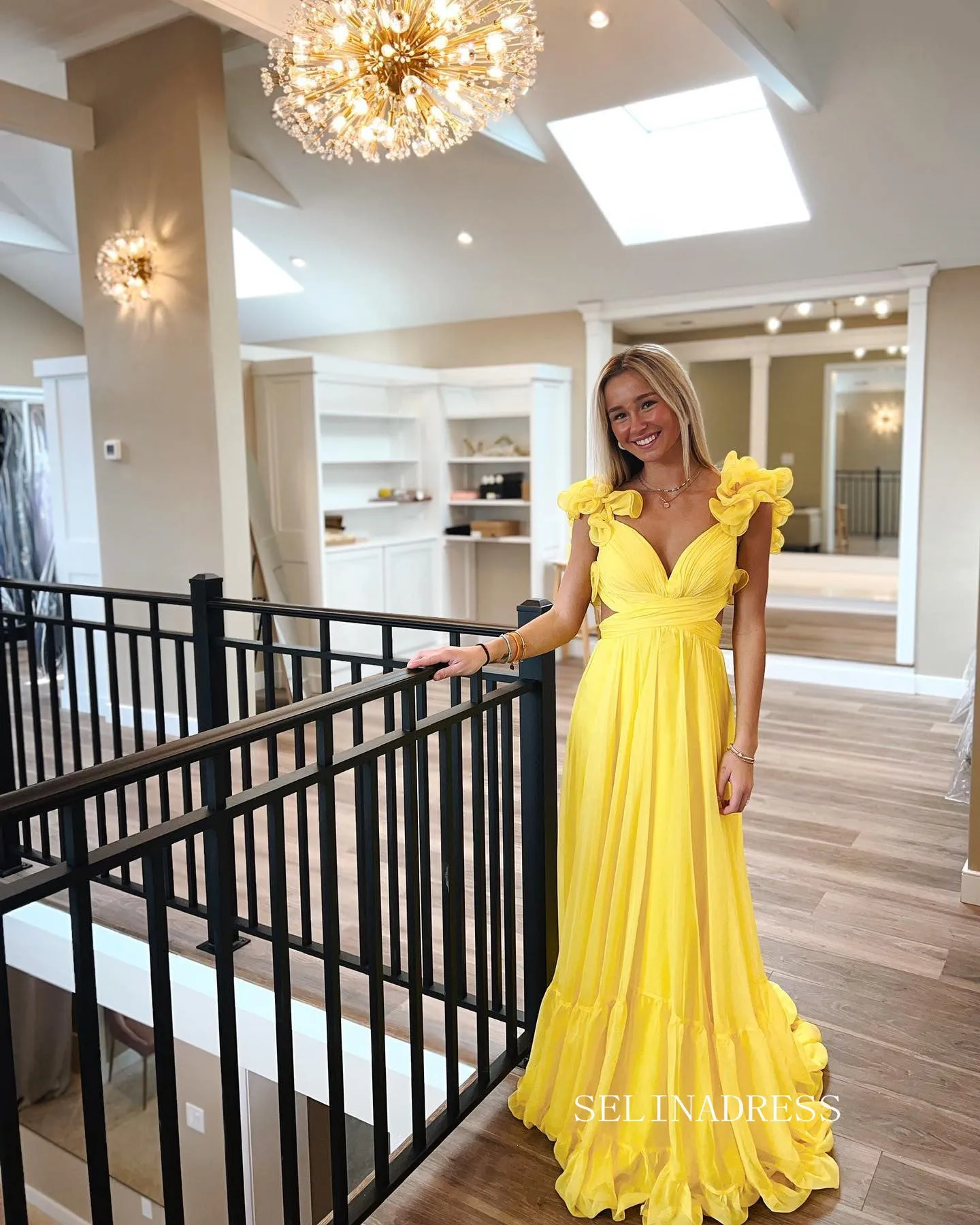 Chic A-line Straps Yellow Long Prom Dress Chiffon Elegant Party Dress #LOP801