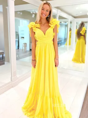 Chic A-line Straps Yellow Long Prom Dress Chiffon Elegant Party Dress #LOP801